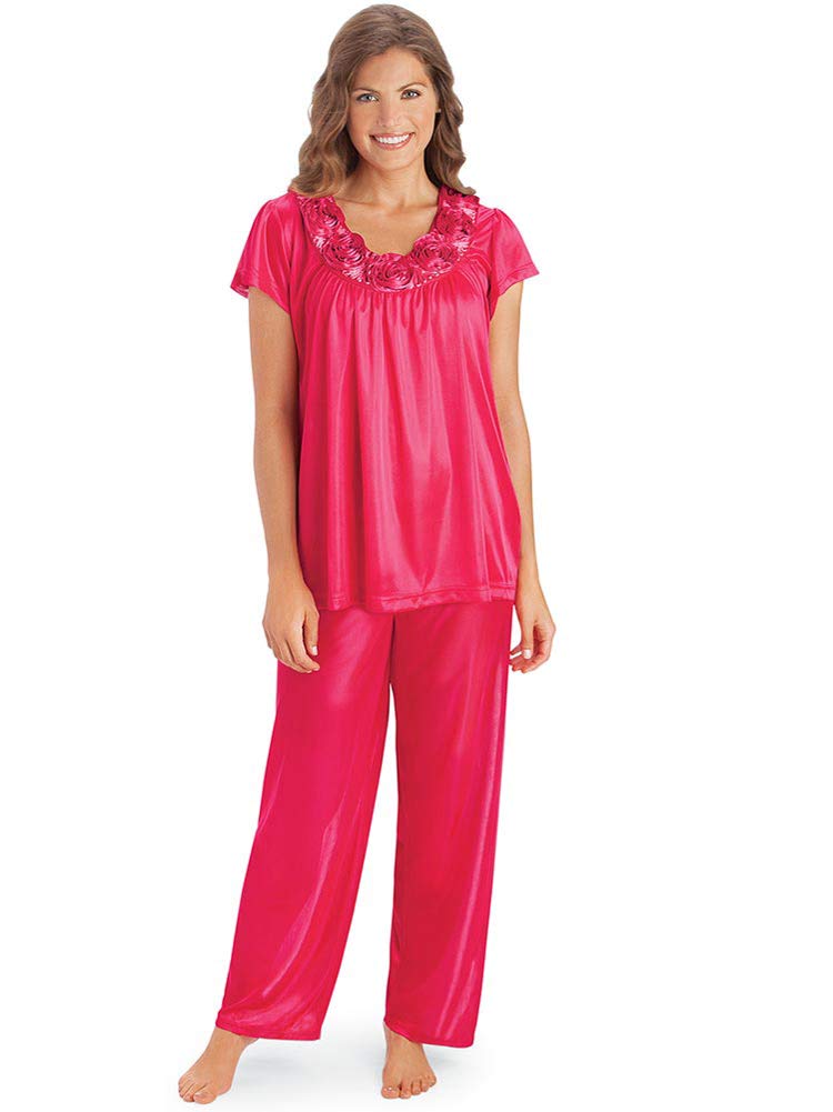 Collections Etc Women's Rose Trim Short Sleeve Pajama Set - Soft Sleepwear for Cozy Nights & Relaxing at Home