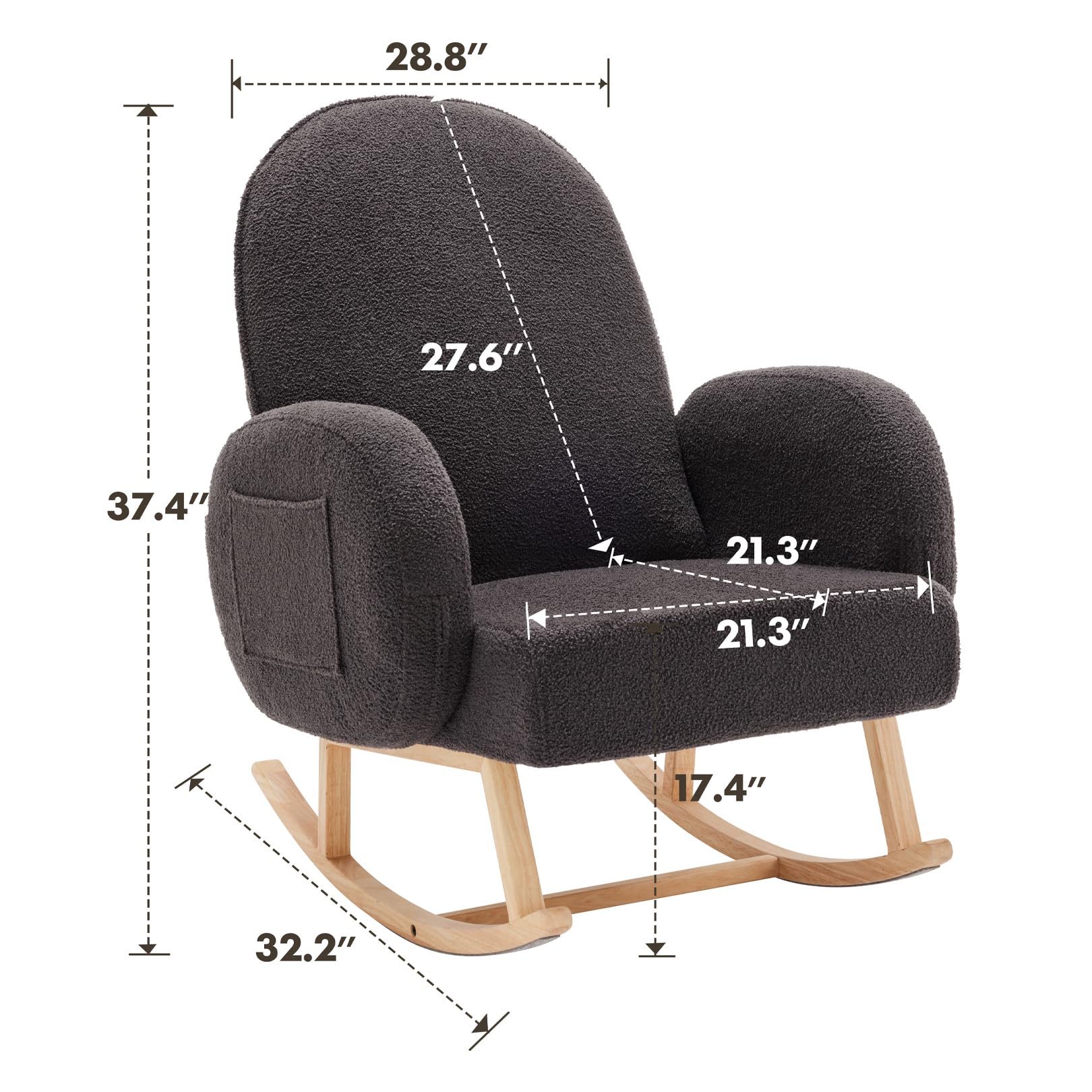 Comfortable Upholstered Rocking Chair with Side Pocket - Rubber Wood Legs Glider Accent Chair for Nursery, Living Room & Bedroom | Perfect for Nursing, Relaxing & Reading