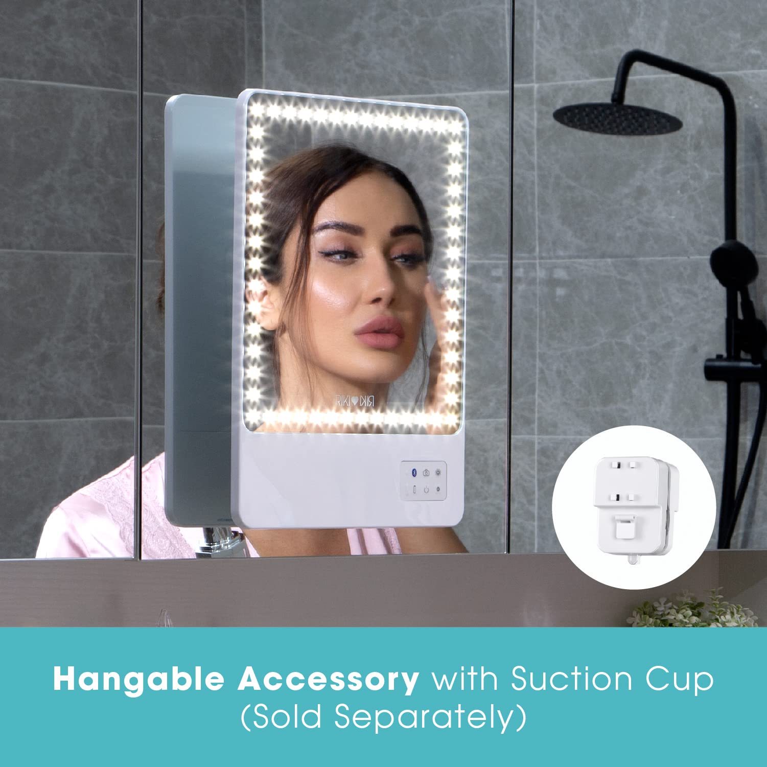 Glamcor Riki Skinny Smart Vanity Mirror with HD LEDs - 5X Magnifying Mirror, Phone Holder & Bluetooth Control - White Makeup Mirror for Professional & Home Use - Perfect for Makeup Application, Skincare & Selfie Lighting