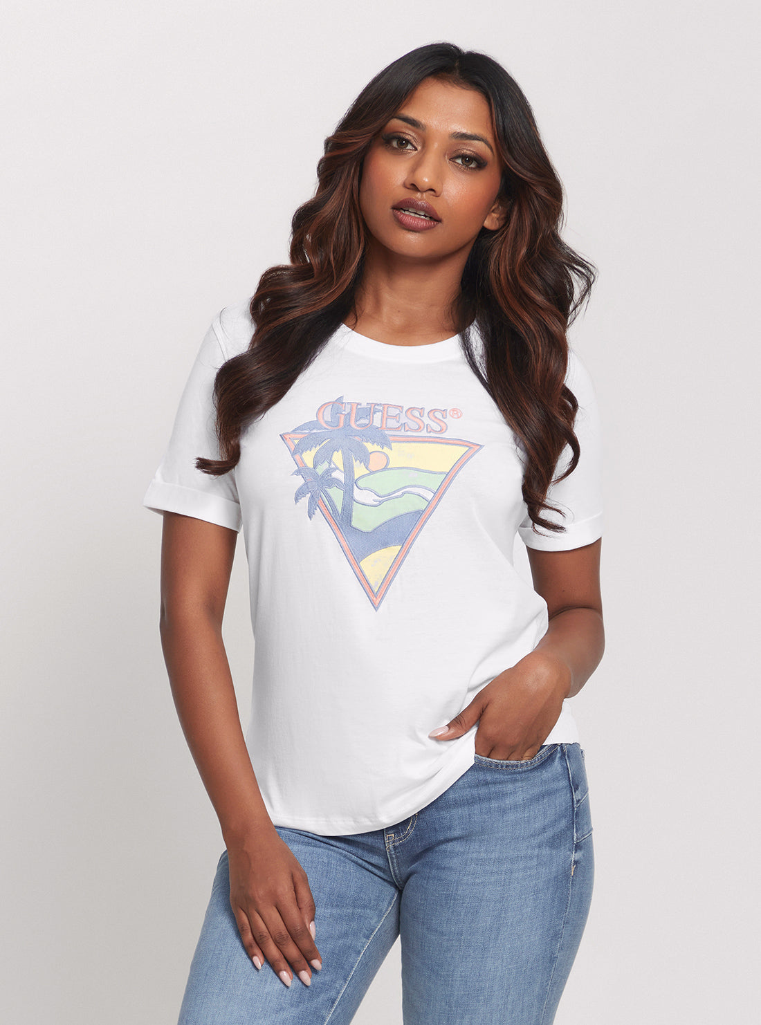 Eco-Friendly White Beach Triangle T-Shirt for Women - Soft Cotton Summer Top for Vacation, Pool Party & Casual Wear