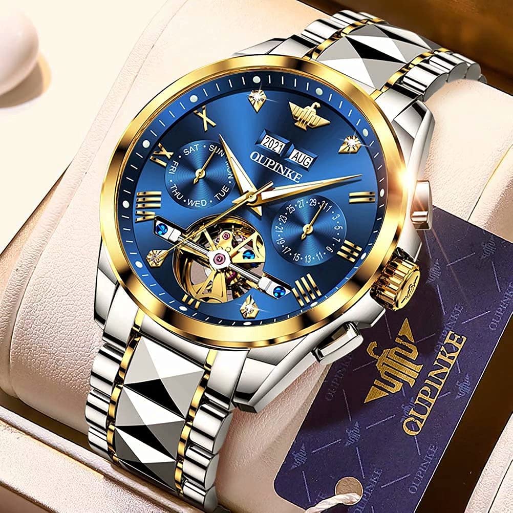 OUPINKE Men's Automatic Diamond Skeleton Mechanical Self-Winding Luxury Dress Watch - Sapphire Crystal & Tungsten Case - Perfect for Business, Formal Events & Gift Giving