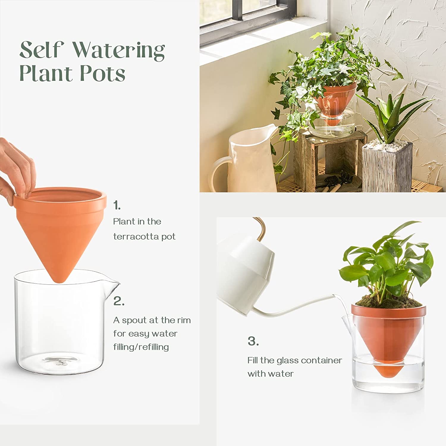 Self Watering Plant Pots for Indoor & Outdoor Plants - Automatic Watering System for Home, Office, Garden - Perfect for Succulents, Herbs, Flowers - Low Maintenance & Stylish Design