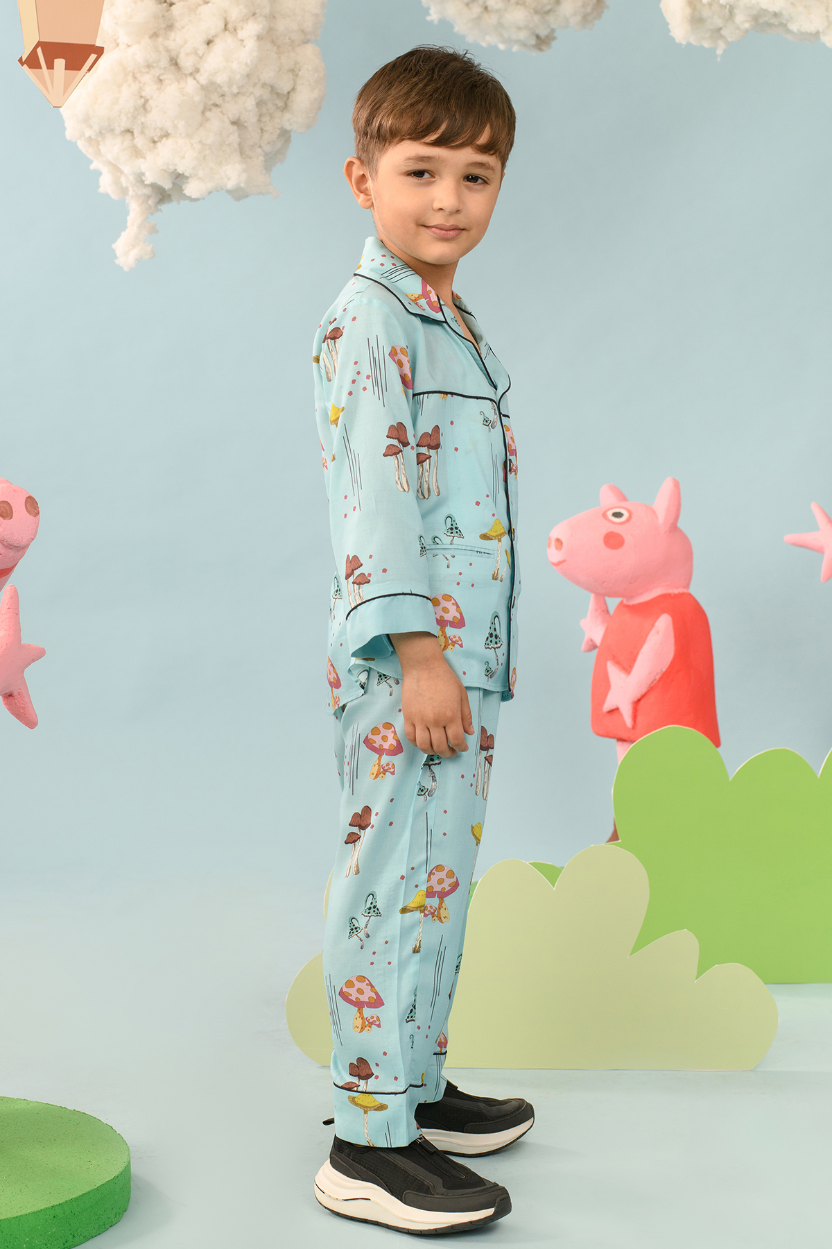 Leotia Blue Mushroom Print Notched Collar Shirt Set for Boys - Cute Kids Outfit for School, Parties & Family Photos
