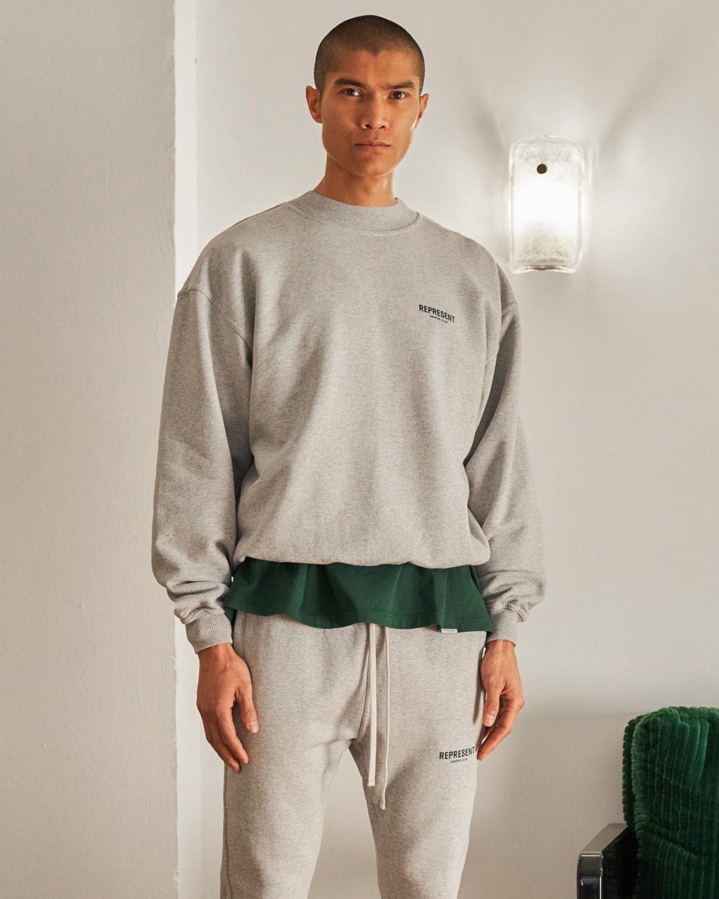 Represent Owners Club Sweater - Ash Grey & Racing Green | Men's Luxury Streetwear Pullover | Perfect for Casual Outfits & Urban Fashion