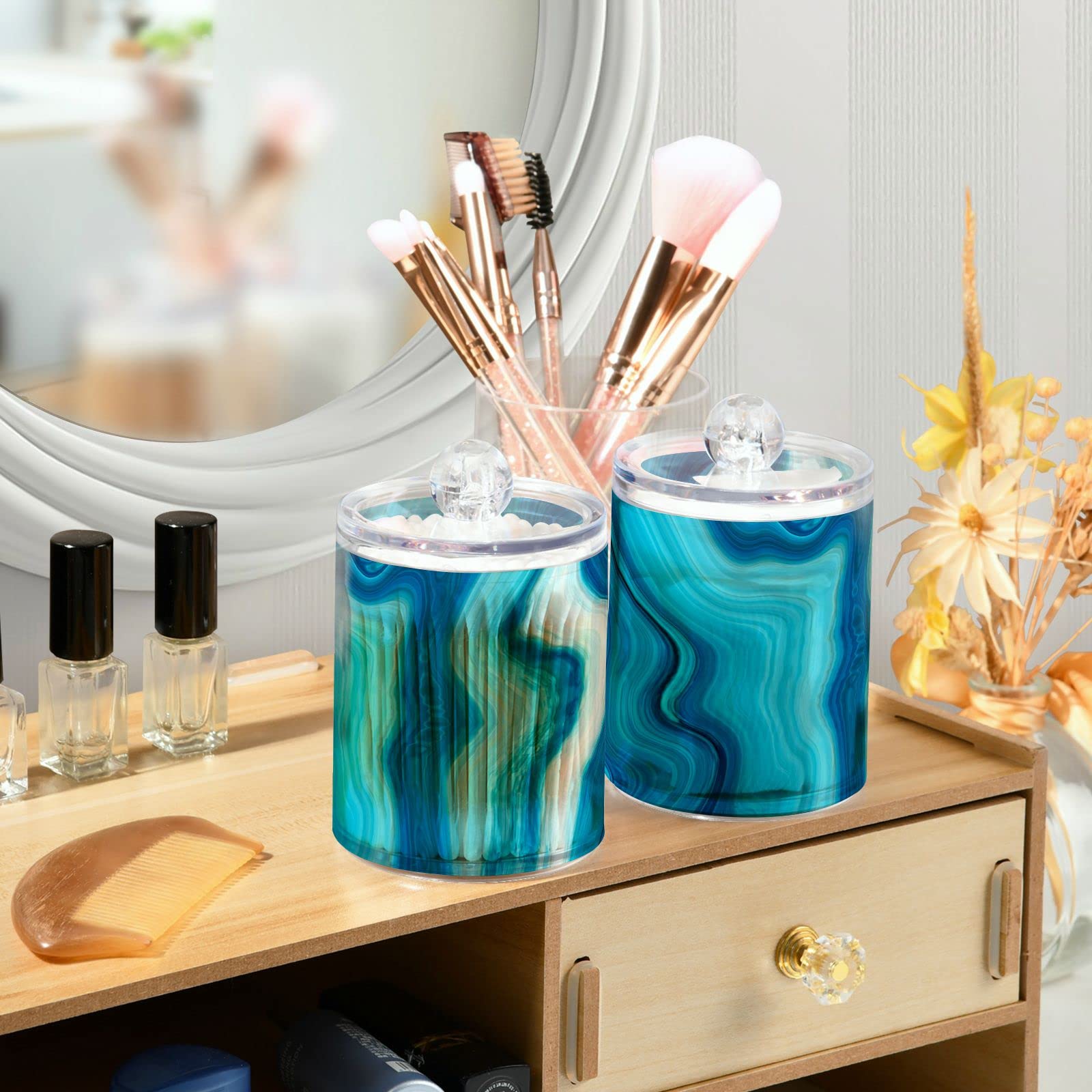 4 Pack Blue Marble Q-Tip Holder Organizer & Dispenser - Bathroom Vanity Storage Canisters for Cotton Swabs, Pads, Floss | Apothecary Jars for Countertop, Medicine Cabinet & Makeup Station Organization