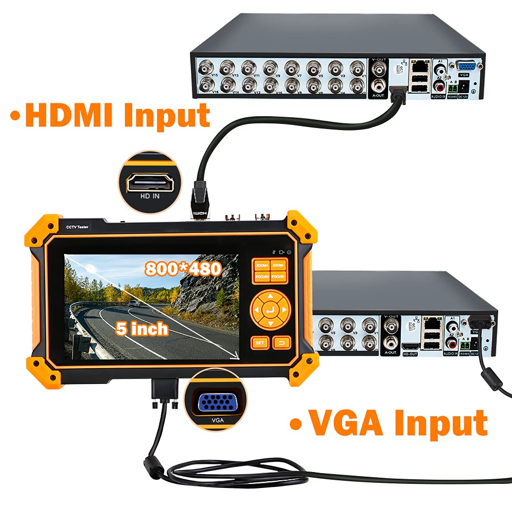 5 Inch TFT-LCD CCTV Camera Tester Monitor - 4K 8MP Support for CVI/TVI/AHD/SDI/CVBS & Analog Cameras | HDMI/VGA Input | PTZ Control | DC12V Power Output | UTP Cable Tester | 3200-Plus Functions - Ideal for Security System Installation & Maintenance