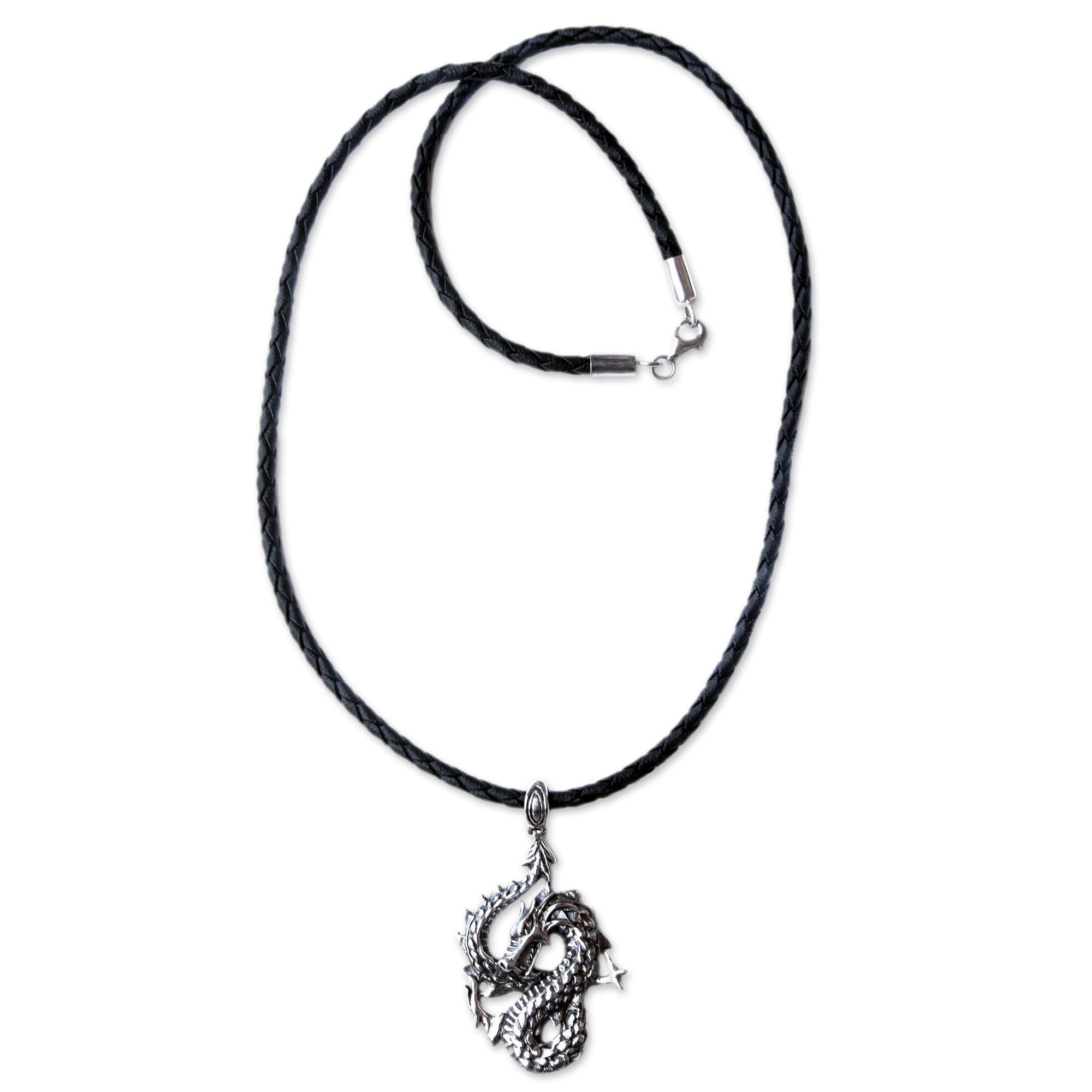 Handmade Sterling Silver Dragon Pendant Necklace for Men - Genuine Leather Cord, Indonesian Artisan Crafted, Animal Themed Jewelry (21