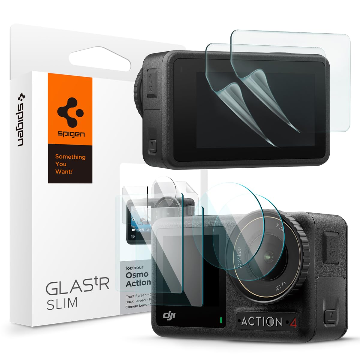 Spigen Glas.tR Slim Tempered Glass Screen Protector for DJI Osmo Action 4 - 6 Pack (2 Front Screen Protectors, 2 Camera Lens Protectors, 2 Back Screen Films) - Anti-Scratch, HD Clarity for Action Camera Protection During Outdoor Adventures & Extreme Sports