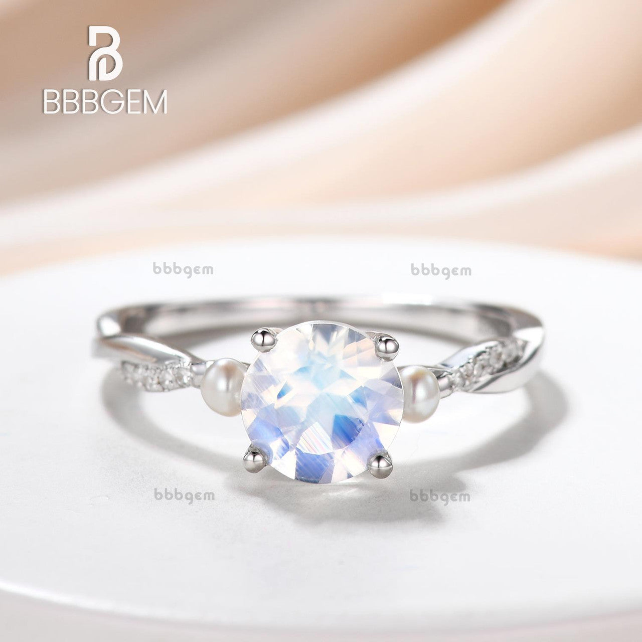 Infinity Round Cut Moonstone Engagement Ring with Akoya Pearl - 14K White Gold Three Stone Wedding Band for Bridal, Anniversary & Special Occasions