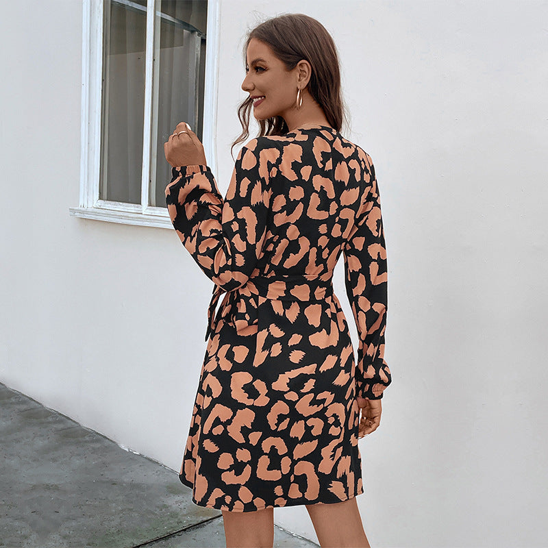 LOVEVOP Women's Leopard Print V-Neck Wrap Dress Long Sleeve Casual Elegant Midi Dress for Work, Party & Date Night | Cross Border Fashion for US & Europe