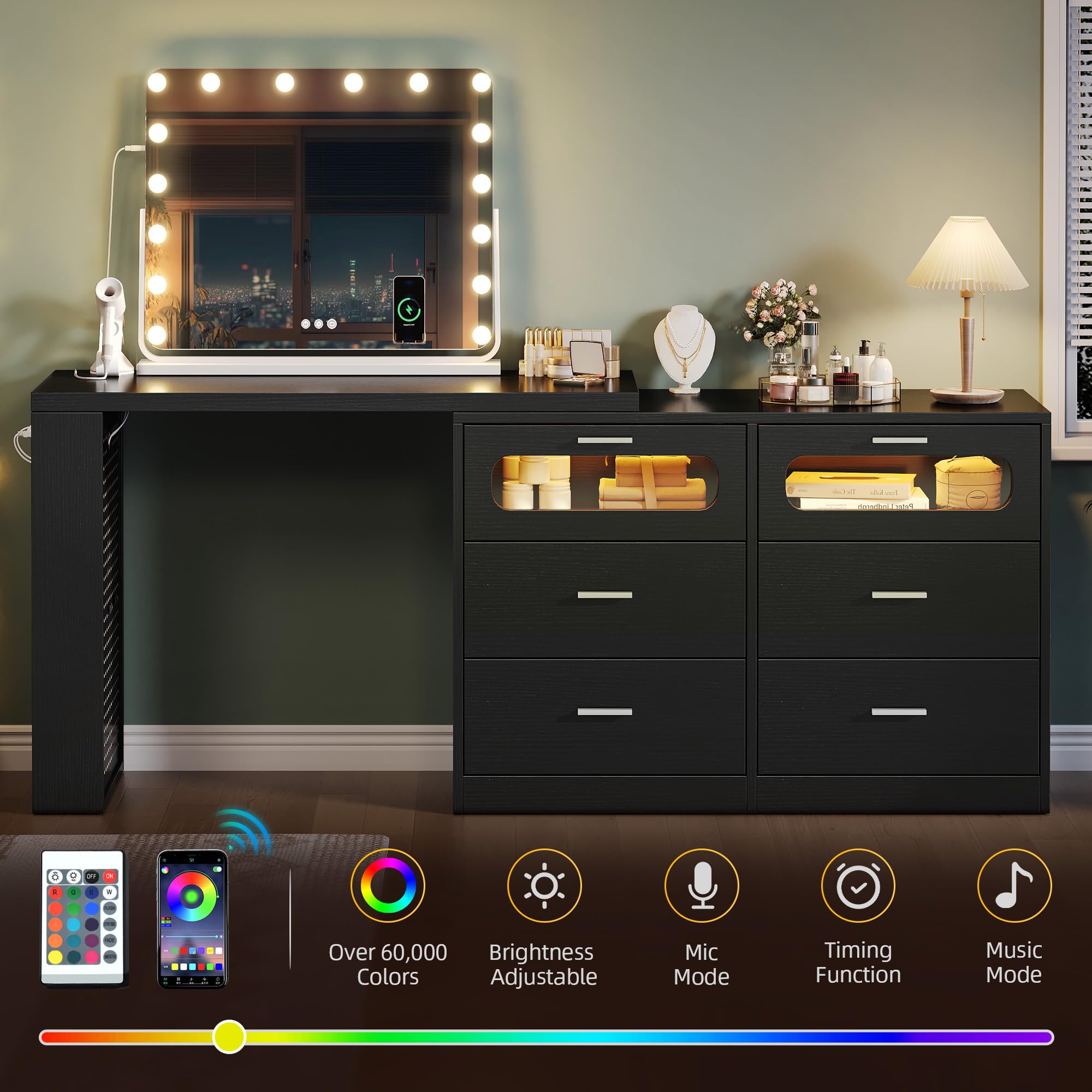 DWVO Vanity Table with RGB Lights - 360° Rotatable LED Makeup Dresser with 6 Drawers, Storage Cabinet & USB Charging Station | Modern Bedroom Vanity Desk & Executive Computer Workspace Desk in Black | Perfect for Makeup Organization, Home Office & Small Space Decor