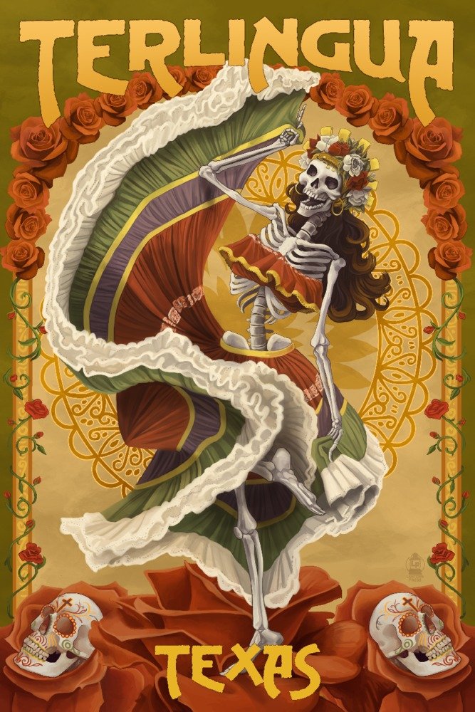 Signed Day of the Dead Skeleton Dancing Art Print - 24x36 Texas Terlingua Wall Decor Poster | Mexican Folk Art for Home, Office & Halloween Decorations