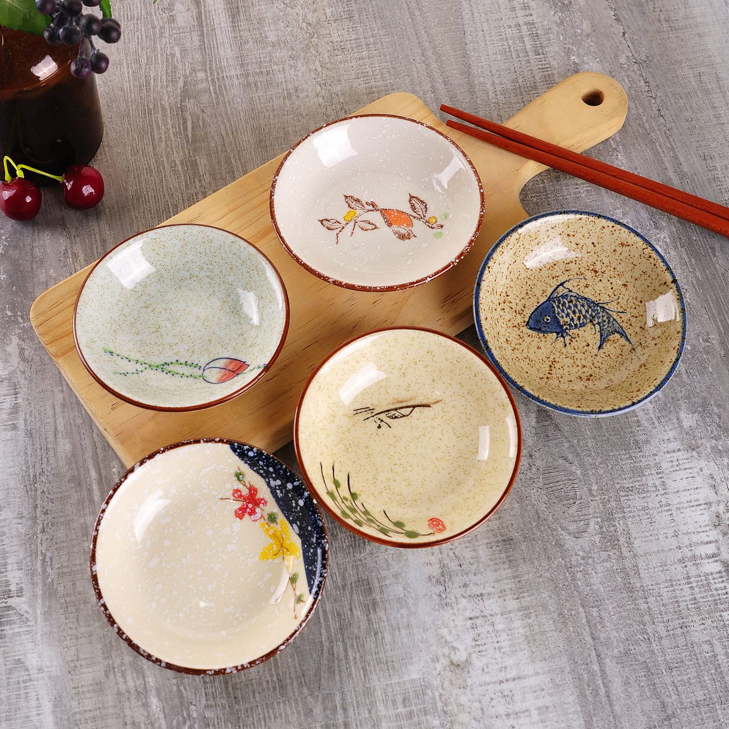 Japanese Retro Porcelain Side Dish Set - 5 Ceramic Bowls for Soy Sauce, Dipping & Seasoning | Perfect for Sushi, Ramen & Asian Dining Decor