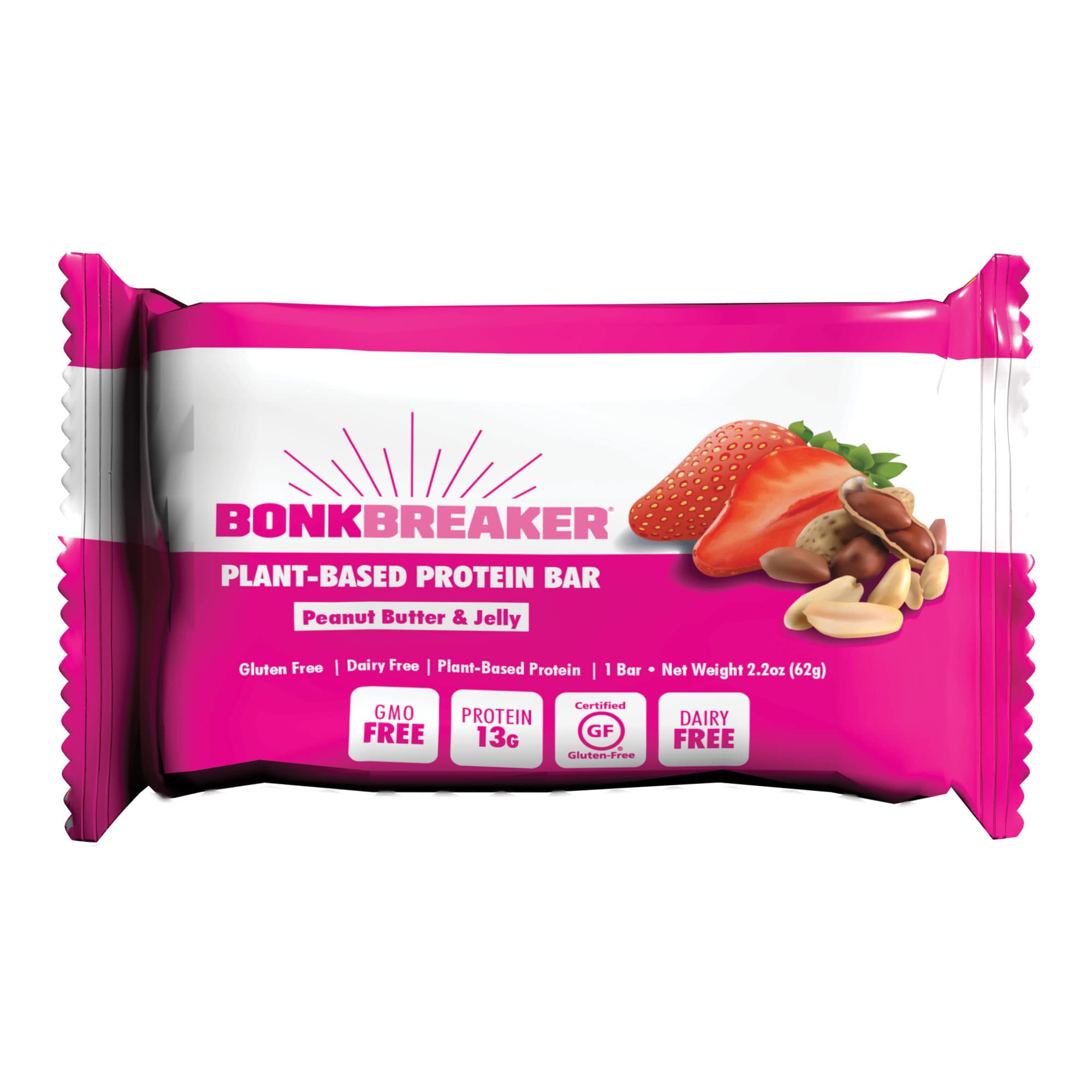 Bonk Breaker Plant-Based Protein Bars - Gluten Free, Dairy Free, Non-GMO, Vegan Snacks for Energy & Performance - 12 Peanut Butter & Jelly Bars (1 Box) - Perfect for Workouts, Hiking & On-the-Go Nutrition