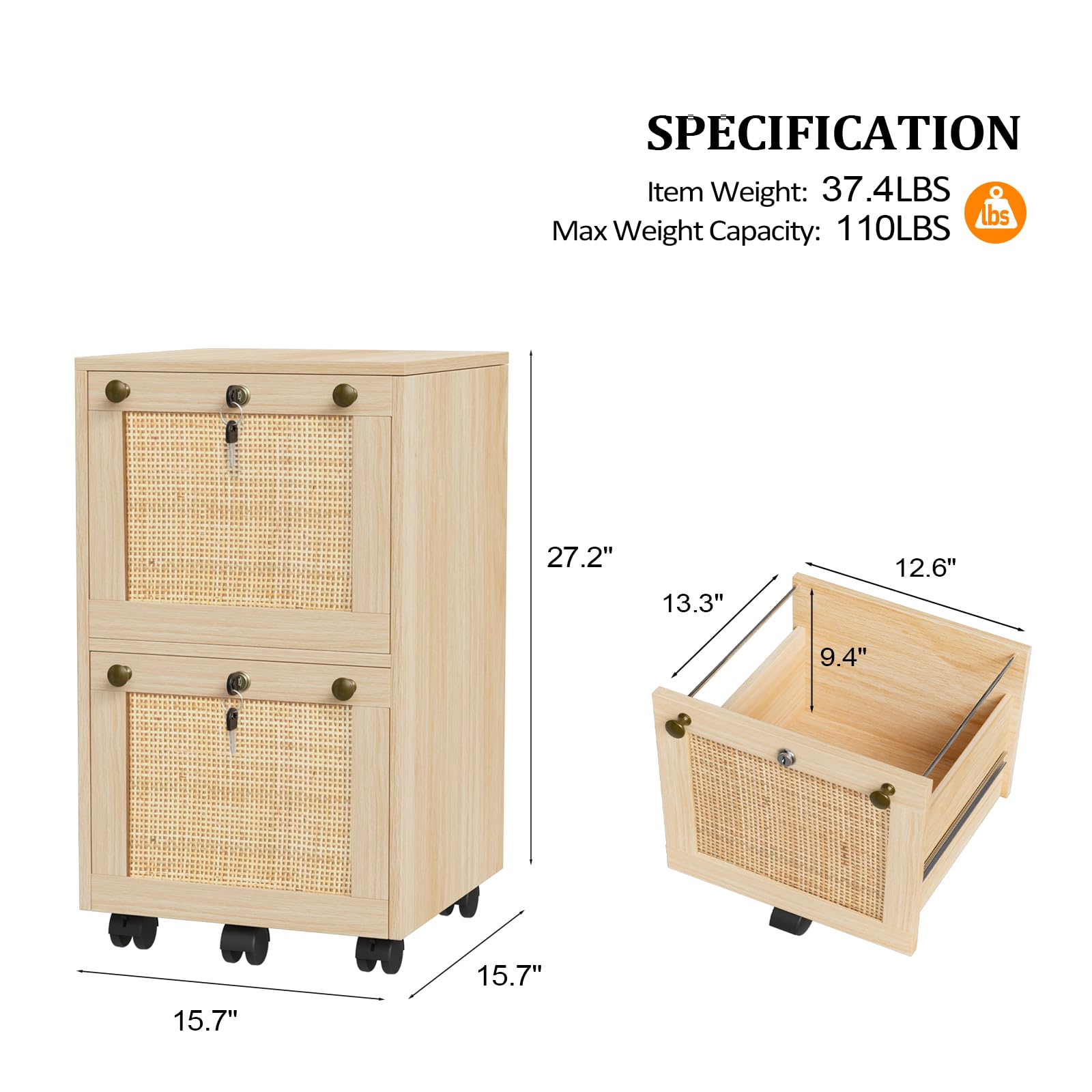VINGLI 2-Drawer Locking File Cabinet with Wheels - Rolling Office Storage for Home & Workspace, Small Wood Rattan Oak File Organizer Under Desk, Printer Stand for Folders with Tabs - Perfect for Home Office, Study Room & Small Business Organization