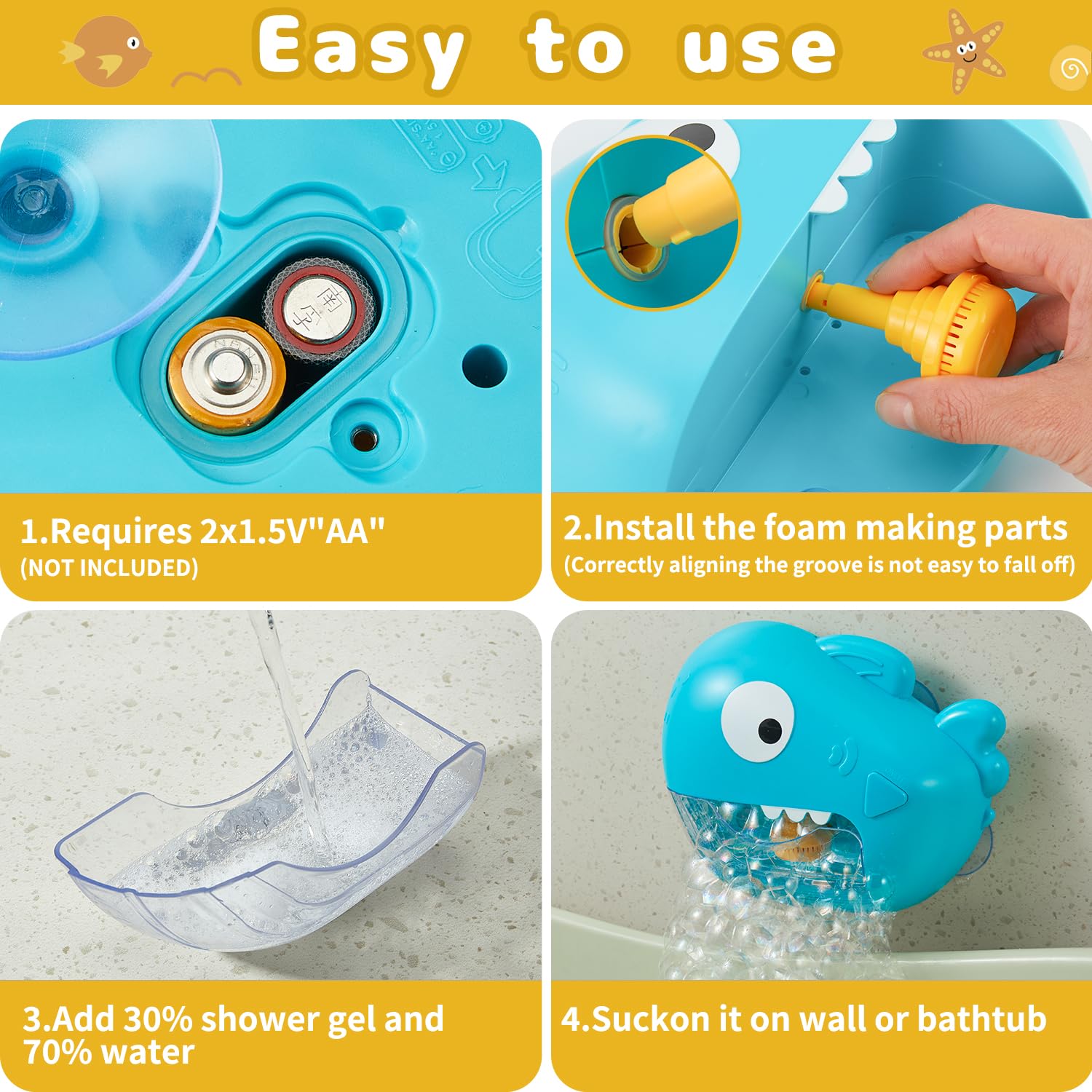 Automatic Bubble Bath Machine with Music & 3 Silicone Bath Toys for Toddlers Ages 1-3 - Fun Bubble Maker for Kids Bath Time, Birthday Gift & Sensory Play