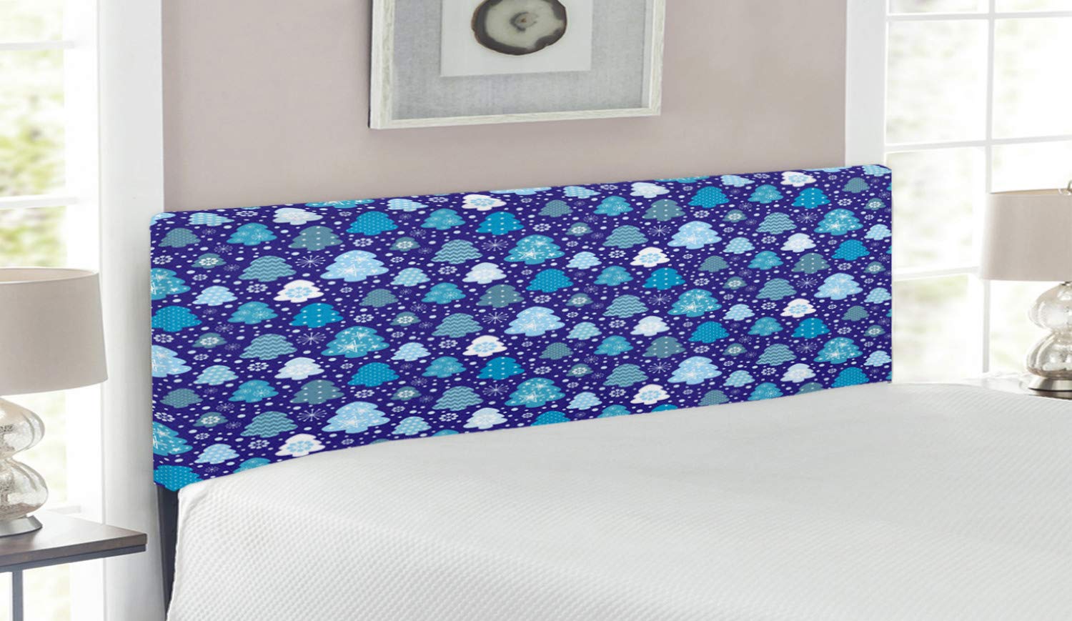 Ambesonne Winter Headboard - Snowflakes & Christmas Pine Trees Design, Upholstered Metal Bed Headboard with Memory Foam, Queen Size, Violet Blue & Pale Blue | Perfect for Holiday Bedroom Decor & Cozy Winter Nights