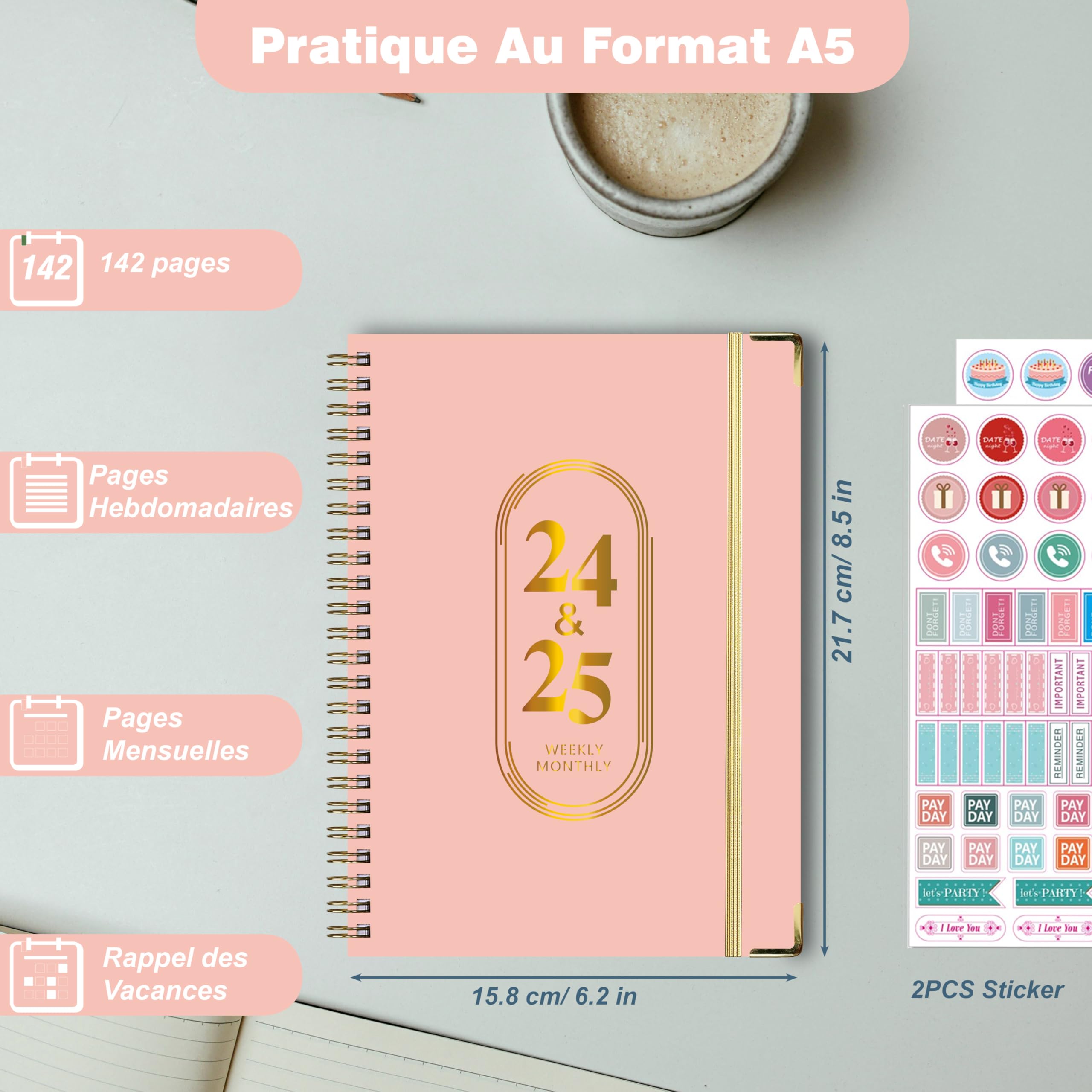 2024-2025 Spiral Weekly Planner - A5 Academic Planner July 2024 to June 2025 (12 Months) with Stickers & Foldable Storage Pouch - Perfect for Students, Teachers & Office Organization (Rose Gold)