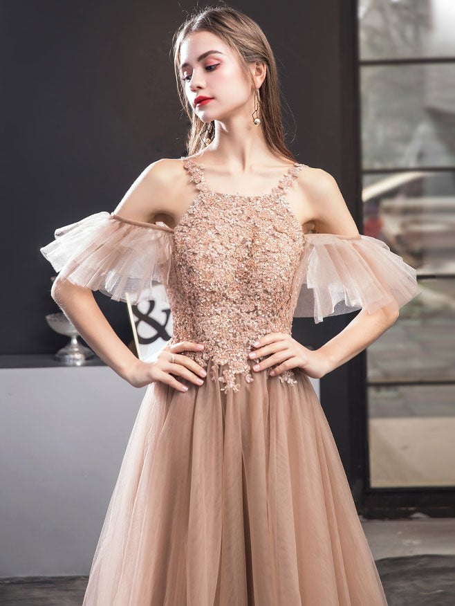 Elegant Champagne Tulle Lace Long Prom Dress & Evening Gown - Perfect for Homecoming, Formal Dances, Weddings, and Special Occasions