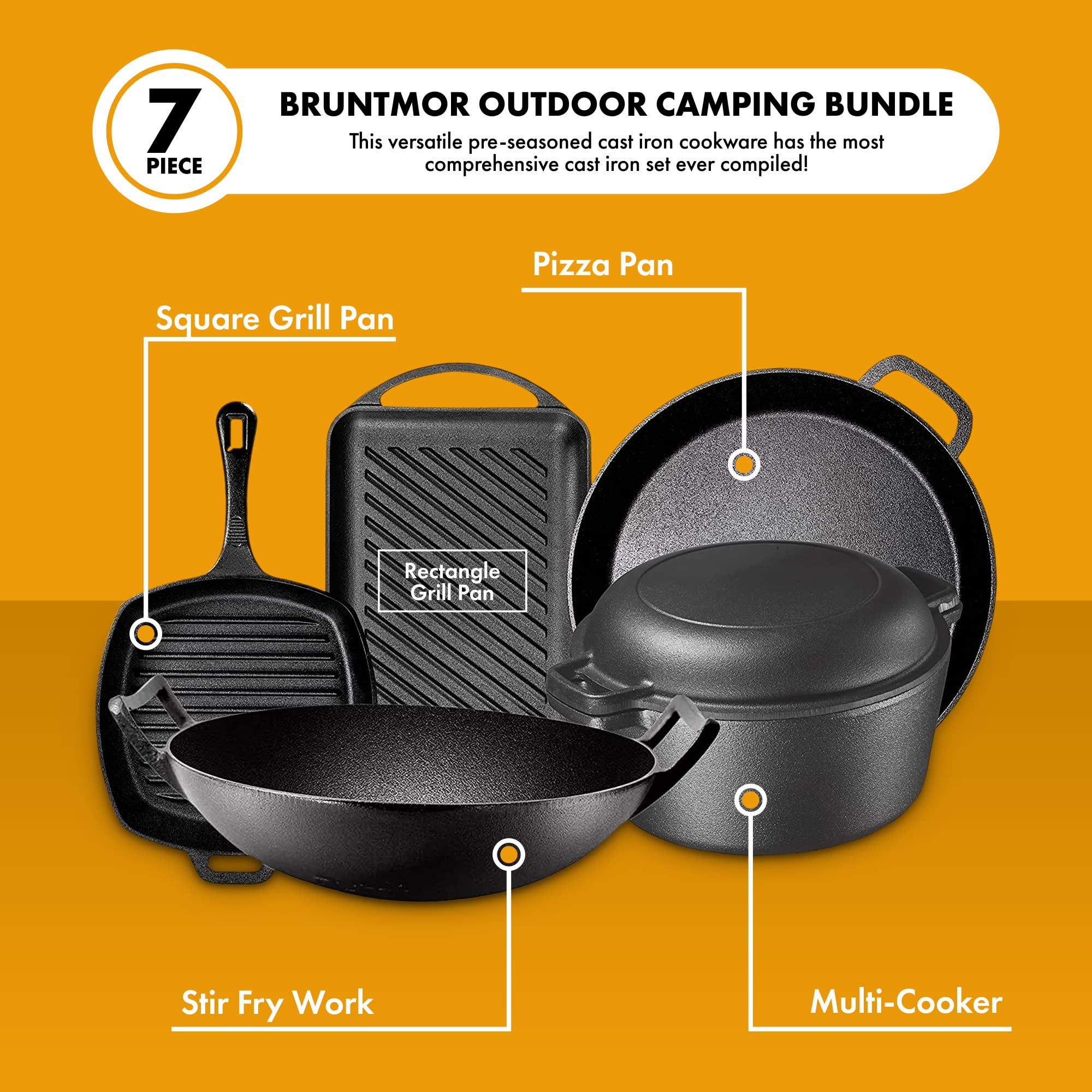 Premium 7-Piece Pre-Seasoned Cast Iron Cookware Set – Double Dutch Oven, Rectangular Grill Pan, Wok, Large Skillet, Square Grill Pan & Chainmail Scrubber – Perfect for Camping, Outdoor Cooking & Home Kitchen Use