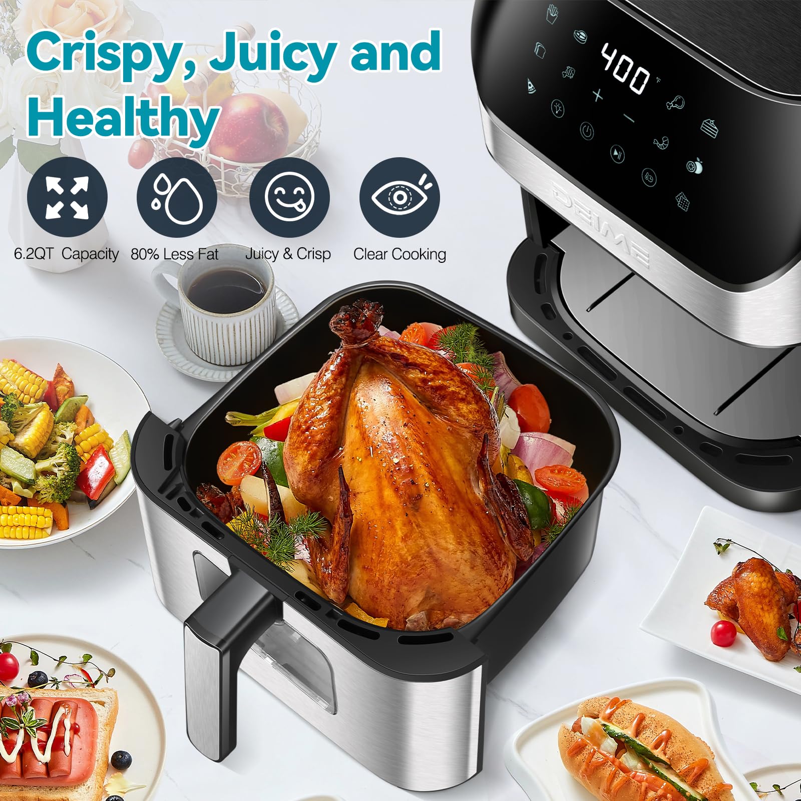 DEIME 6.2 QT 1500W Large Capacity Air Fryer Oven - Oil Free Healthy Cooker with 10 Presets, See-Through Window & Nonstick Basket (Includes Recipes) - Perfect for Crispy Fries, Chicken Wings & Family Meals