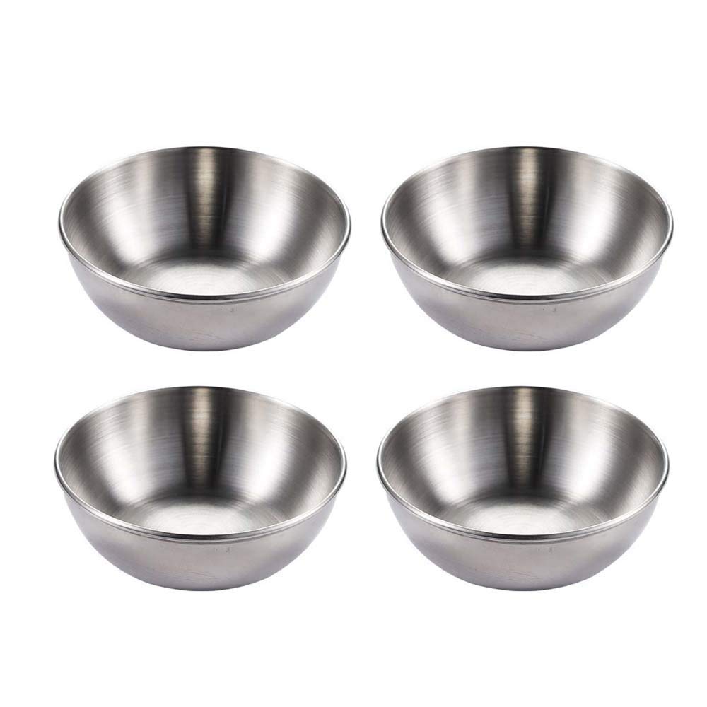 HUOFU 4-Piece Stainless Steel Mini Sauce Bowls - Round Seasoning Dishes for Sushi, Soy Sauce & Appetizers - Silver Dipping Bowls for Restaurants, Home Kitchens & Party Serving