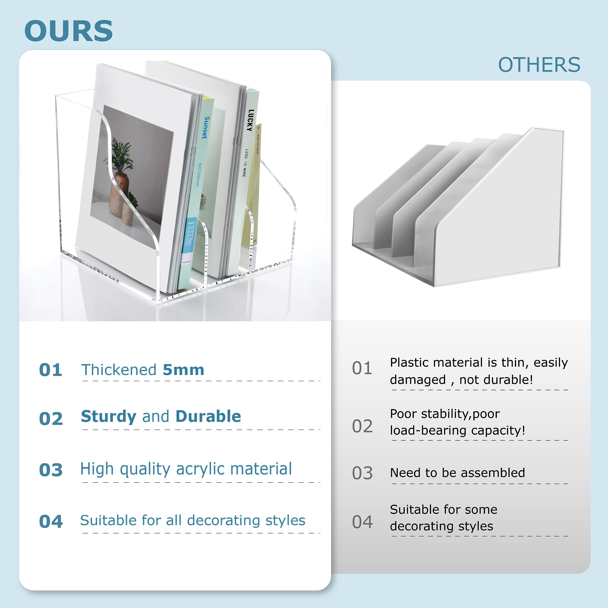 3-Slot Clear Acrylic Magazine Holder - Desktop File Organizer, Bookshelf & Workspace Sorter for Office Desk Accessories | Perfect for Office, Home & Library Organization & Storage