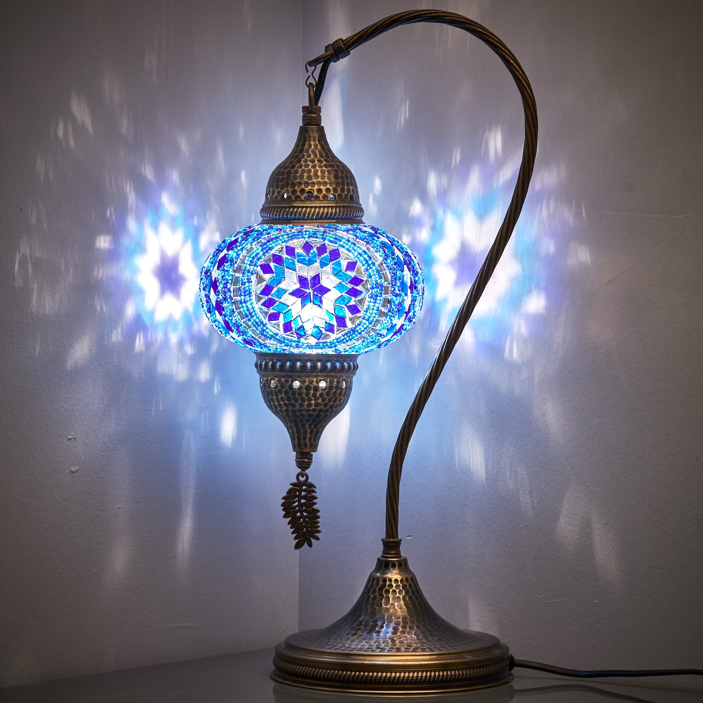 Handmade Turkish Moroccan Tiffany Style Mosaic Table Lamp - Blue Swan Neck Design, 19 Inch - Perfect for Bedroom Nightstand, Living Room Side Table & Office Desk Decor
