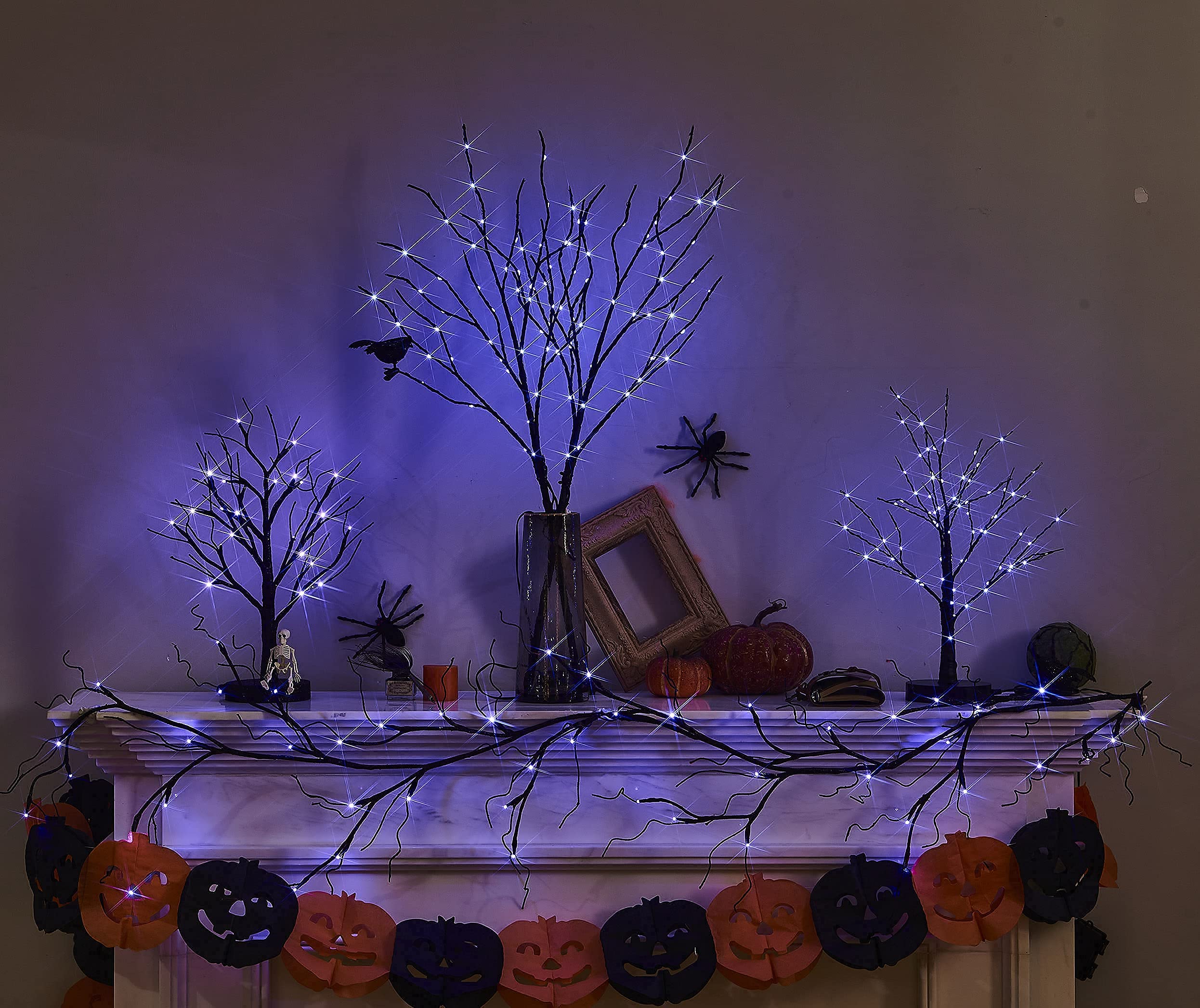 LITBLOOM 6FT Black Glitter Halloween Garland with 48 Orange & Purple LED Lights - 8 Lighting Modes, Battery Operated for Indoor/Outdoor Decor - Perfect for Halloween Parties, Home Decor, and Seasonal Celebrations