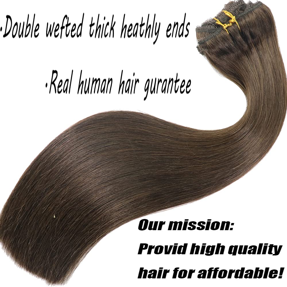 20 Inch Remy Human Hair Extensions Clip In - 120g Dark Brown Double Wefted Lace Front, Silky Soft Straight with Thick Ends | Perfect for Daily Styling, Parties & Special Occasions