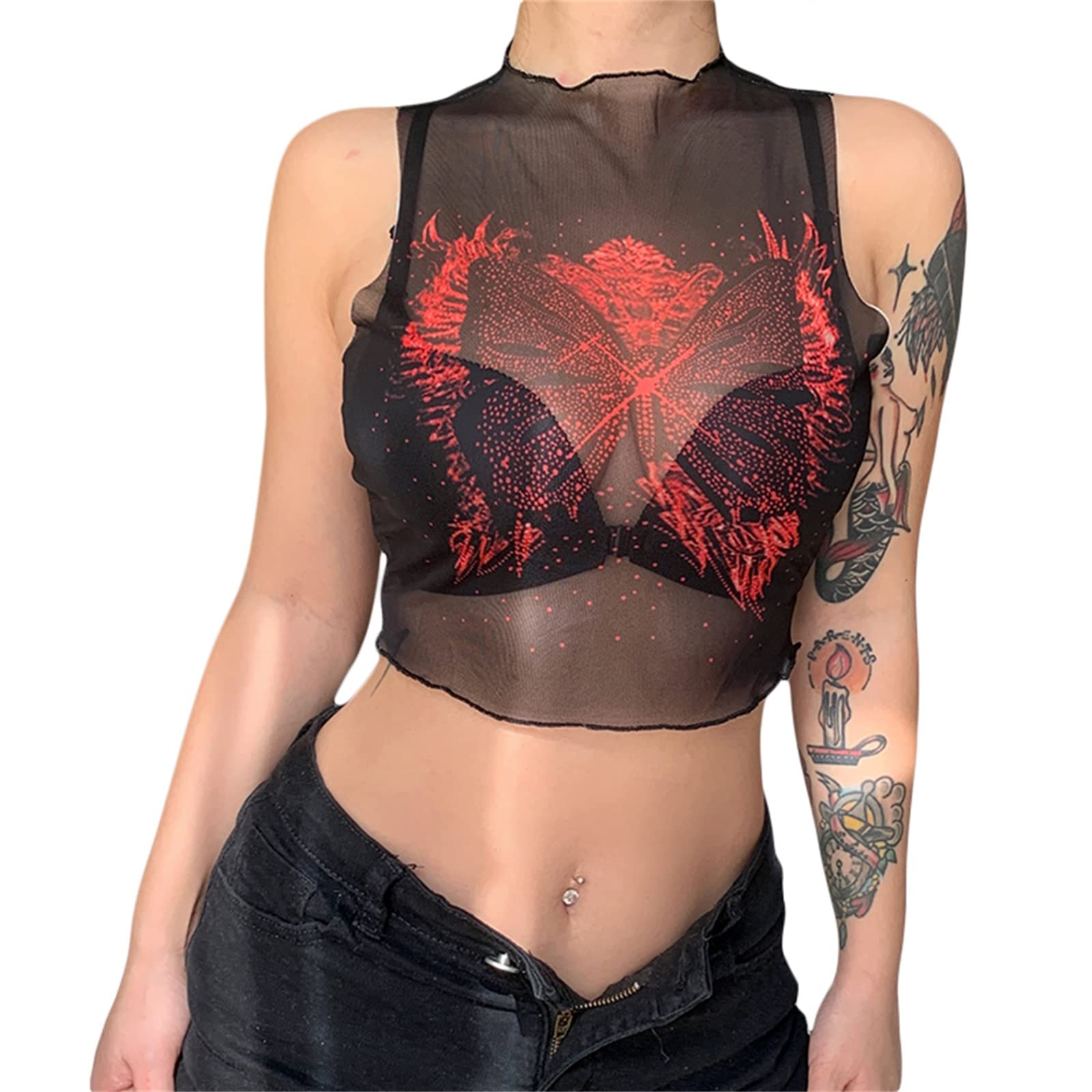Women's Casual Sleeveless Sheer Mesh Tank Top - Butterfly Print Crop Top for Summer, Beach, Yoga & Streetwear Fashion