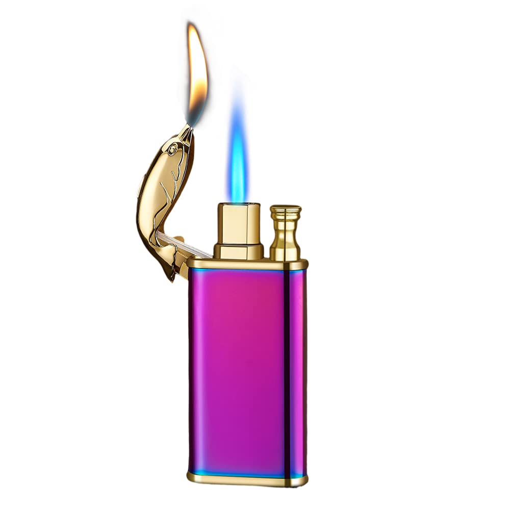 Windproof Dual Flame Butane Torch Lighter - Adjustable Jet & Soft Flame, Refillable, Dolphin Shape with Luminous Mode (Butane Not Included) - Perfect for Cigars, Camping, Cooking & Outdoor Adventures