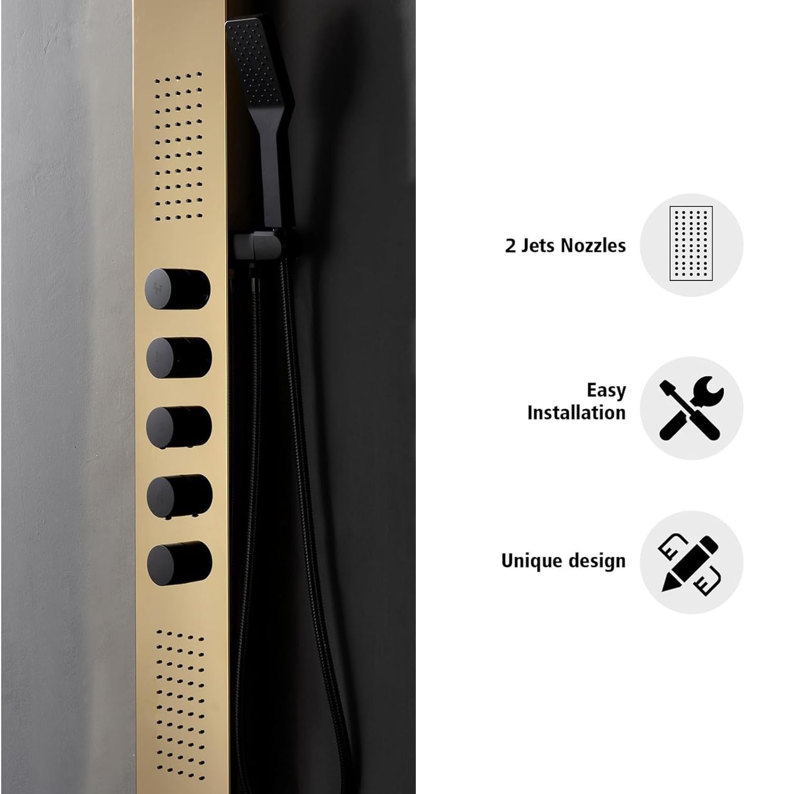 Polished Gold Multifunction Shower Panel System with Rainfall Showerhead & Handheld Shower - Stainless Steel Wall Mounted Bath Panel for Luxurious Spa Experience at Home