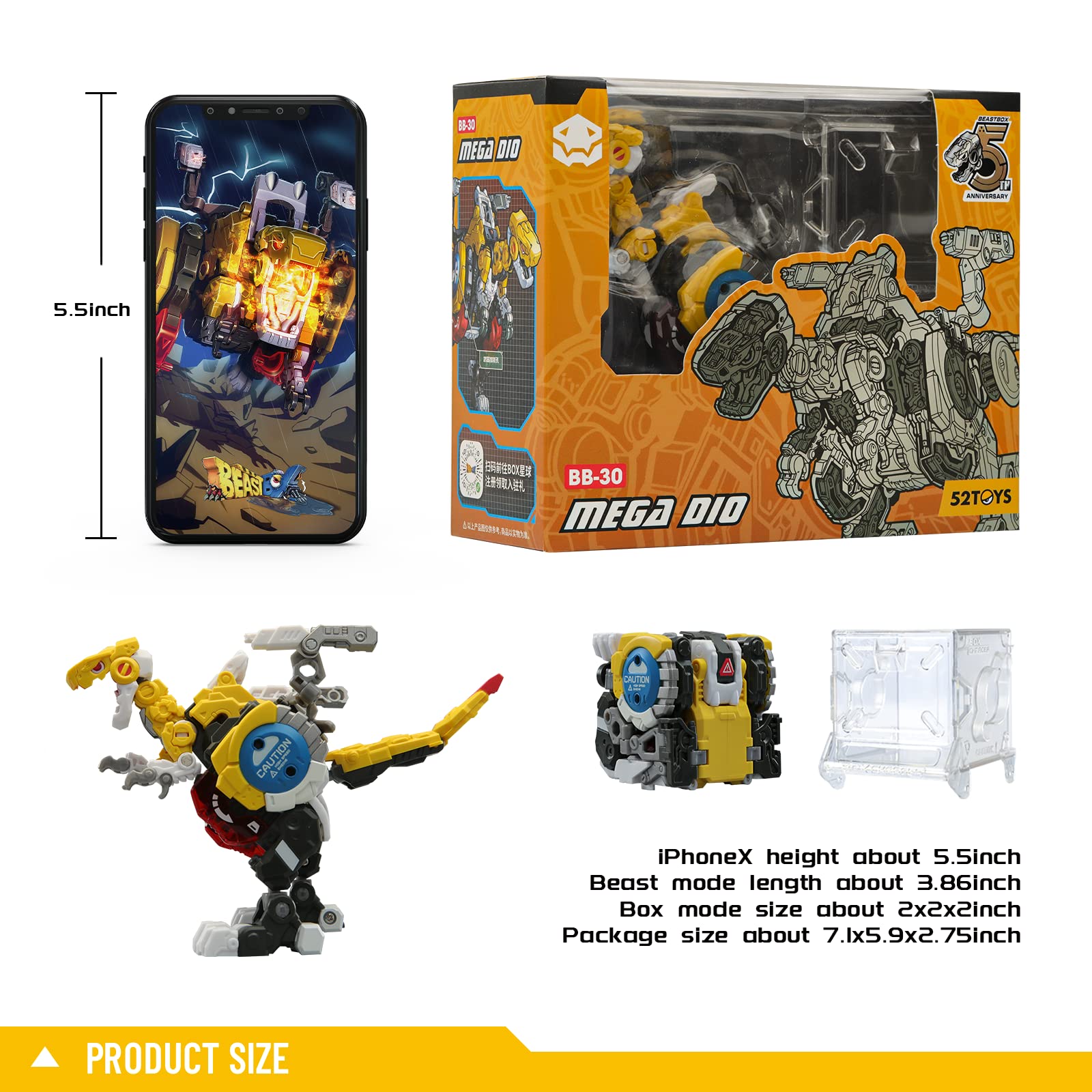 52TOYS Beastbox MEGA DIO Dinosaur Transforming Action Figure - 2-in-1 Dino Mecha & Cube Collectible Toy - Perfect Gift for Teens & Adult Collectors | Birthday Party, Display Shelf, Anime Convention Cosplay Prop
