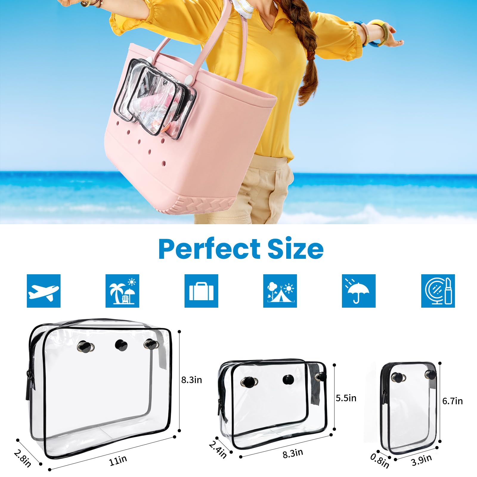 Bogg Bag Clear Insert Organizer - Transparent Zippered Inner Bag Divider for Travel & Beach Accessories | Perfect for Toiletries, Brushes & Storage in Bogg Tote Bags