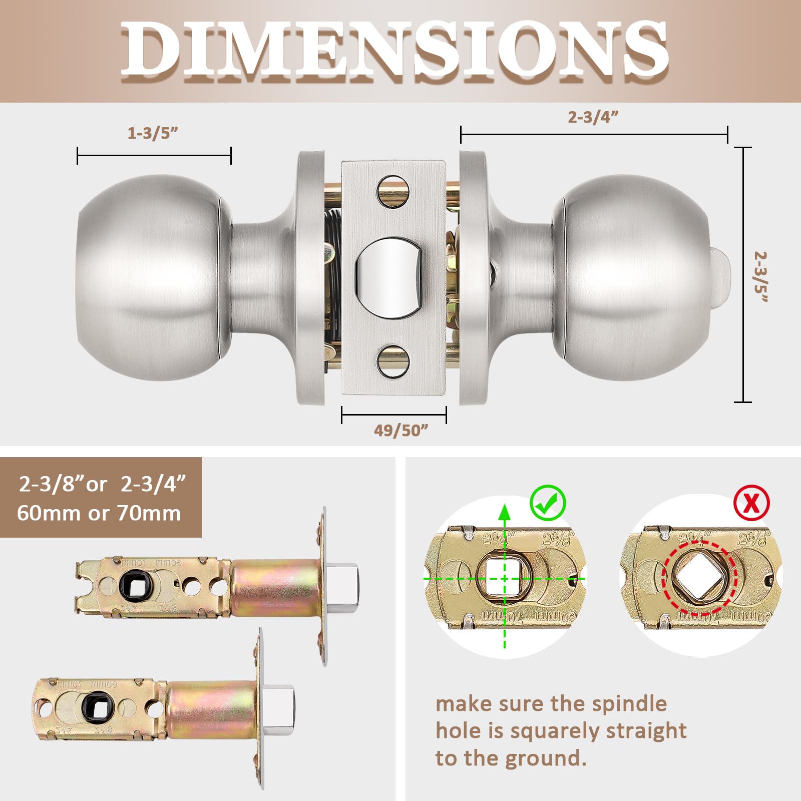 5 Pack Satin Nickel Privacy Door Knobs - Keyless Thumb Turn Lock for Bedroom & Bathroom - Interior Door Handles for Home, Office & Apartment Security