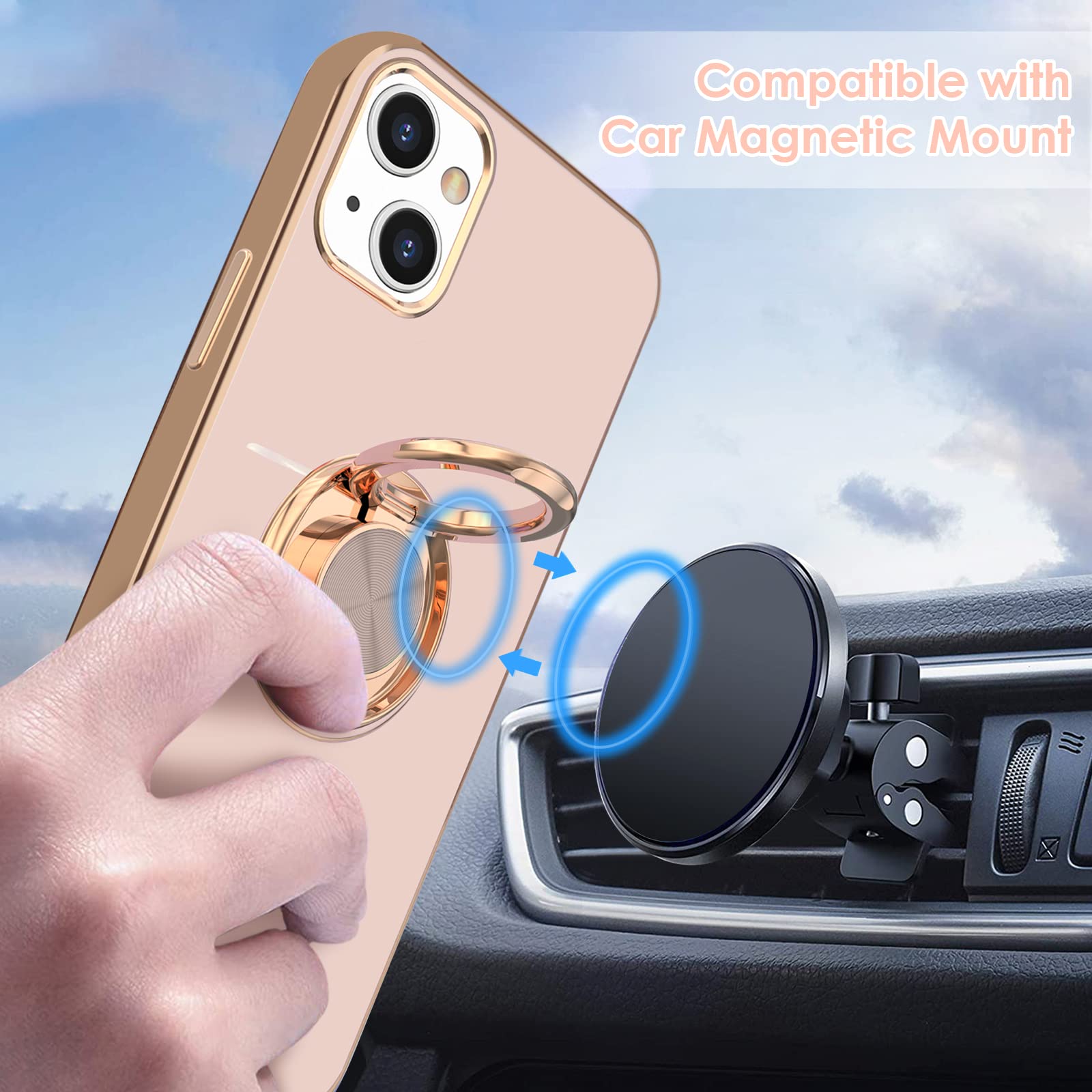 Hython Magnetic Phone Case for iPhone 13 - 360° Rotatable Ring Stand with Kickstand, Rose Gold Plated Slim TPU Cover (Pink) | Car Mount Compatible, Luxury Protection for Everyday Use & Travel