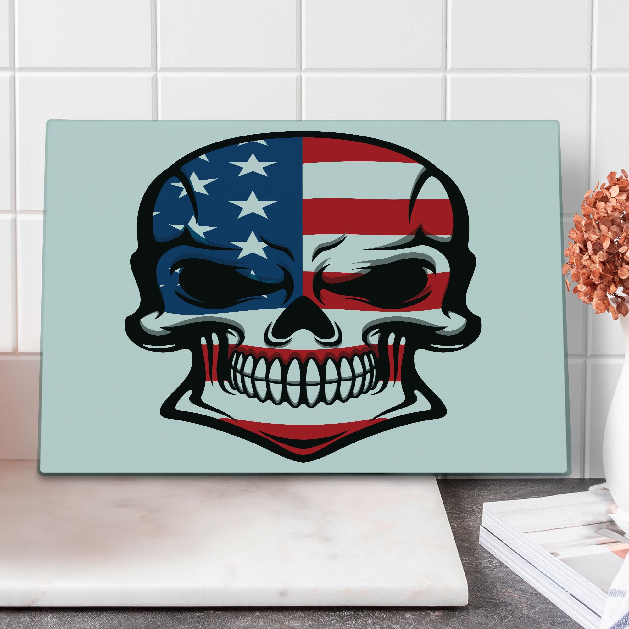 Ambesonne Skull Cutting Board - Horror Art Print Tempered Glass Serving Board - Large Size Blue White Red - Perfect for Halloween Parties & Gothic Kitchen Decor