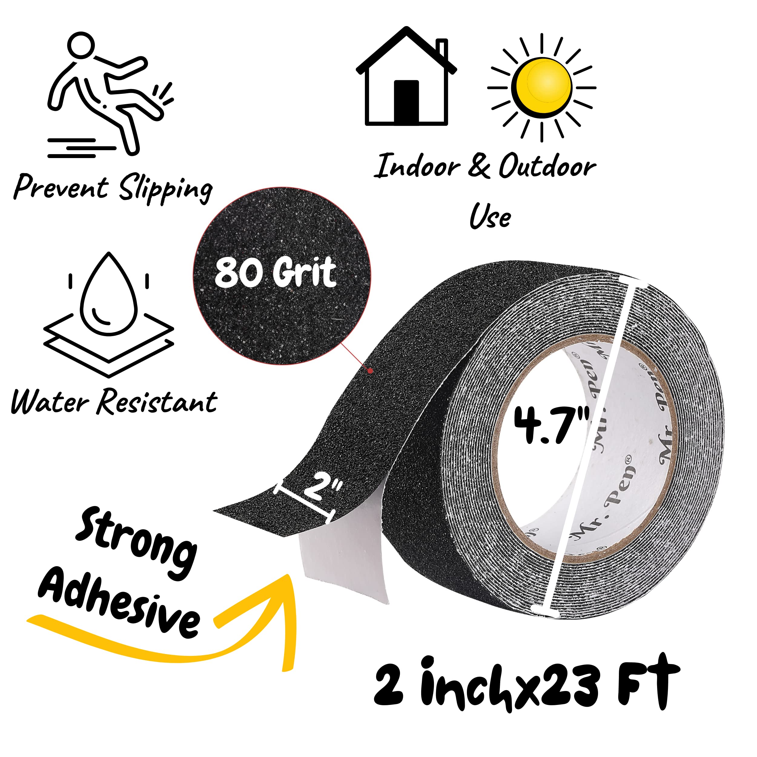 Mr. Pen Anti-Slip Grip Tape Roll - 2 Inch x 23 Feet, Non-Skid Friction Tape for Stairs, Waterproof & Durable, Perfect for Staircases, Ramps, and Sports Equipment