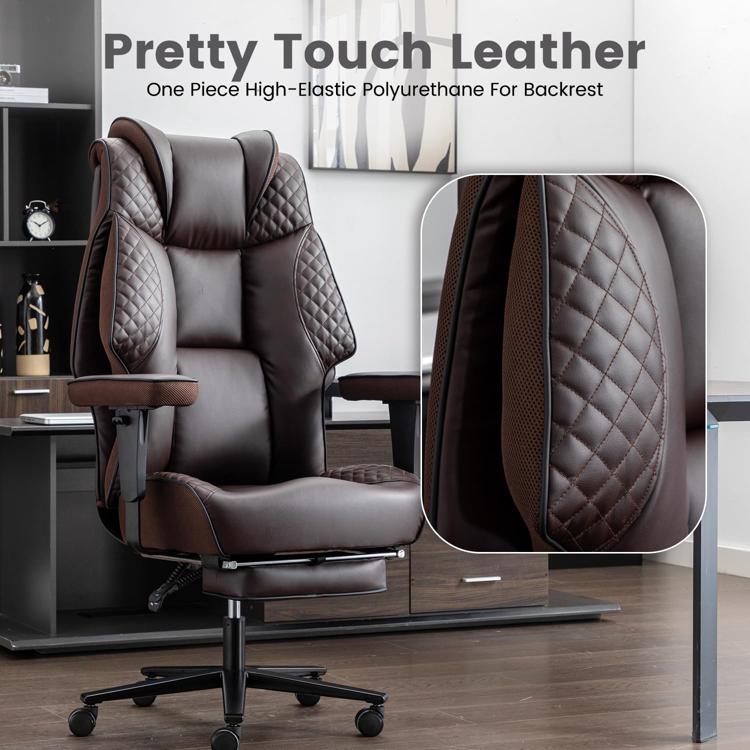 Big and Tall Office Chair 400lbs - High Back Leather Executive Chair with Adjustable Armrests & Footrest - Heavy Duty Ergonomic Rolling Chair for Home & Office (Brown) - Perfect for Large Professionals & Long Work Hours