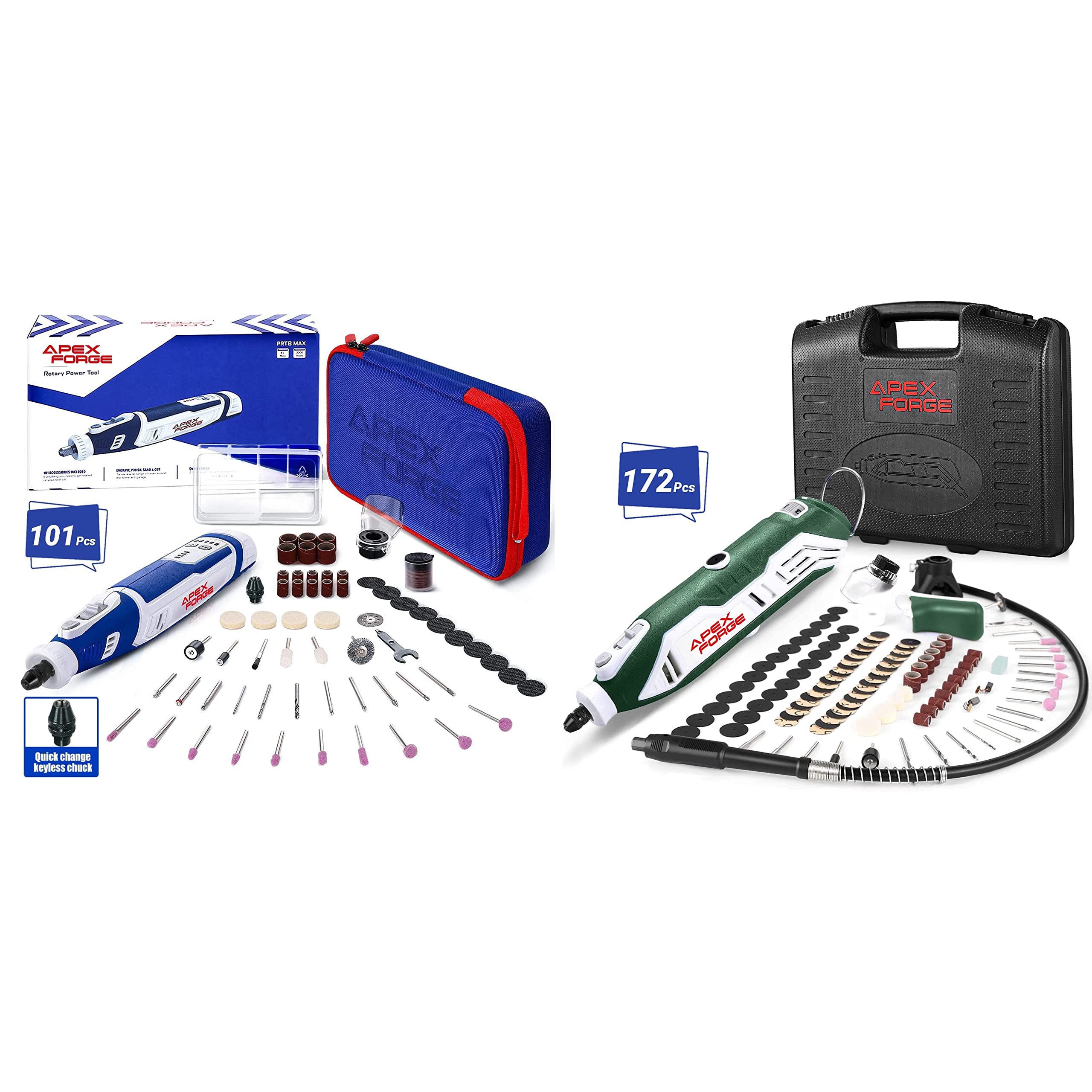 APEXFORGE Cordless Rotary Tool Kit M8 & M6 with 2 Keyless Chucks, 273-Piece Accessories, 5-Speed & 6-Speed Settings, 2.0Ah Battery & 5 Attachments – Perfect for DIY, Woodworking, Metal Cutting, Sanding, Grinding, and Sharpening Projects