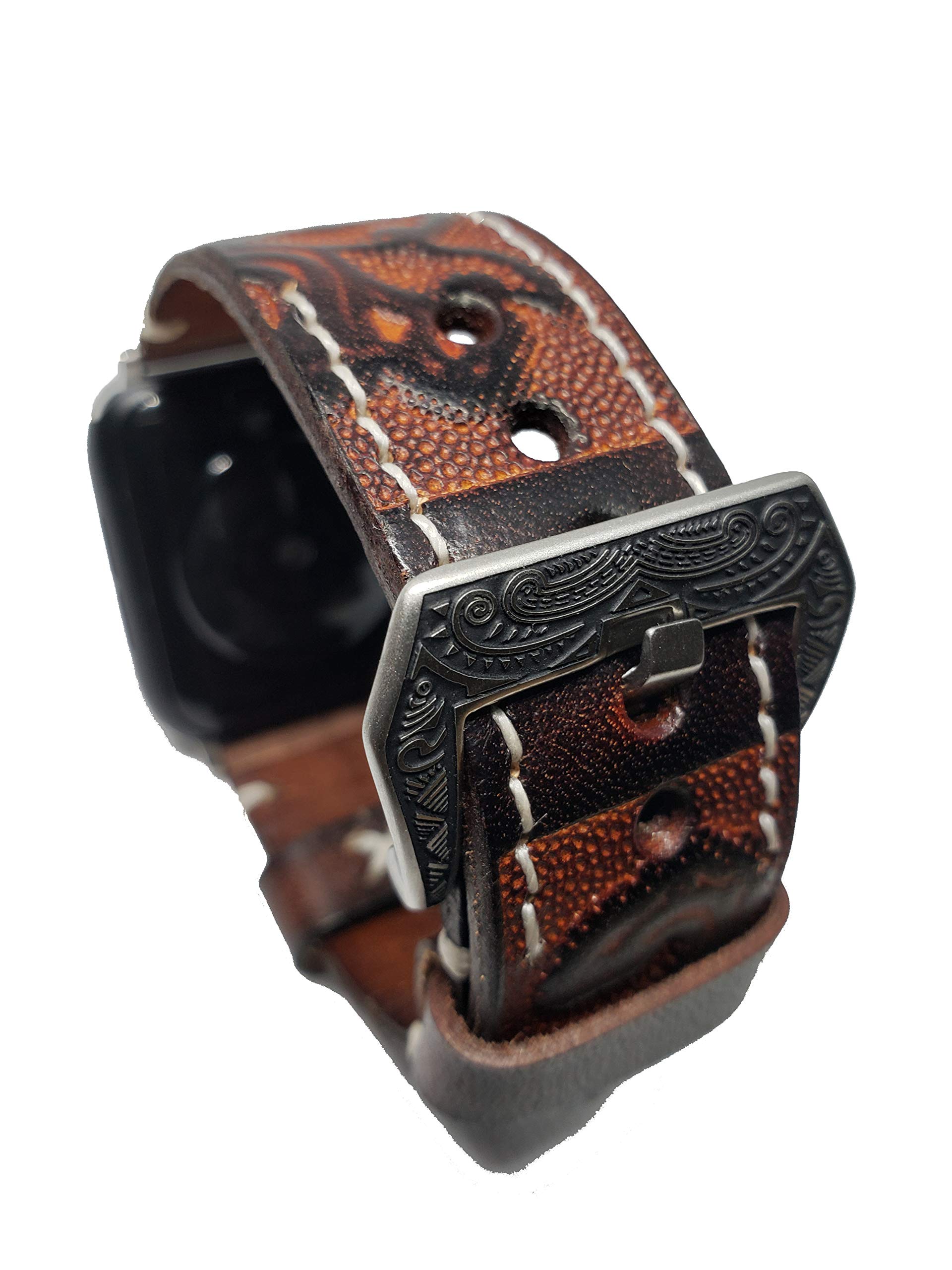 Handmade Genuine Leather Apple Watch Band - Compatible with Apple Watch Series 5/4/3/2/1 (42mm/44mm) - Premium Tooled Design for Men & Women - Perfect for Daily Wear, Workouts & Special Occasions