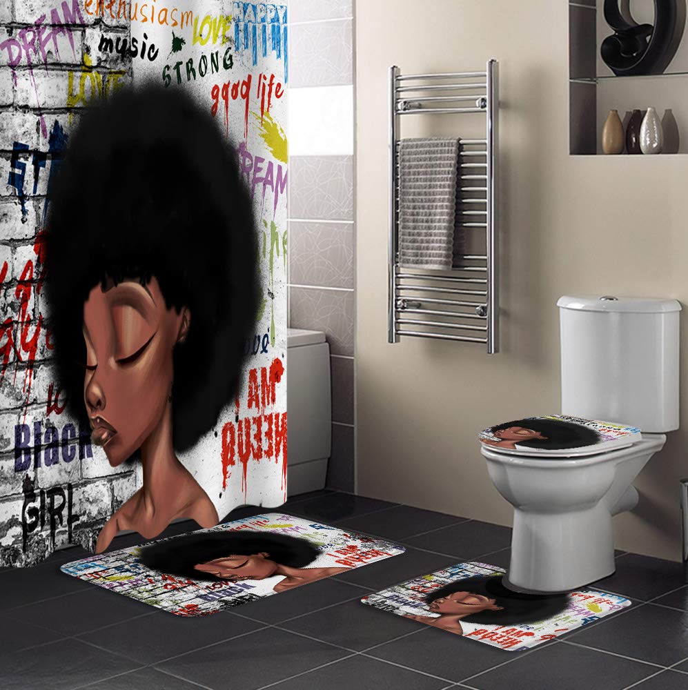 4-Piece Bathroom Rug Set with Shower Curtain - African Black Girl Graffiti Wall Art Design, Non-Slip Toilet Lid Cover & Bath Mat, 72