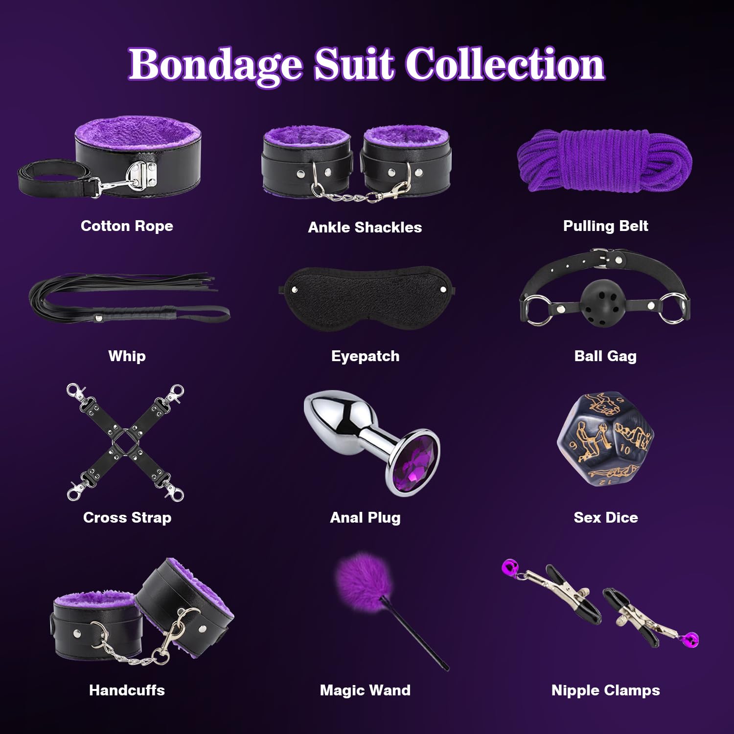 Premium 12-Piece BDSM Bondage Kit for Couples - Adjustable Handcuffs, Collar, Ankle Cuffs, Blindfold, Feather Tickler & Anal Plug - Purple Adult Sex Toys for Men & Women - Perfect for Spicing Up Bedroom Play & Roleplay Scenes