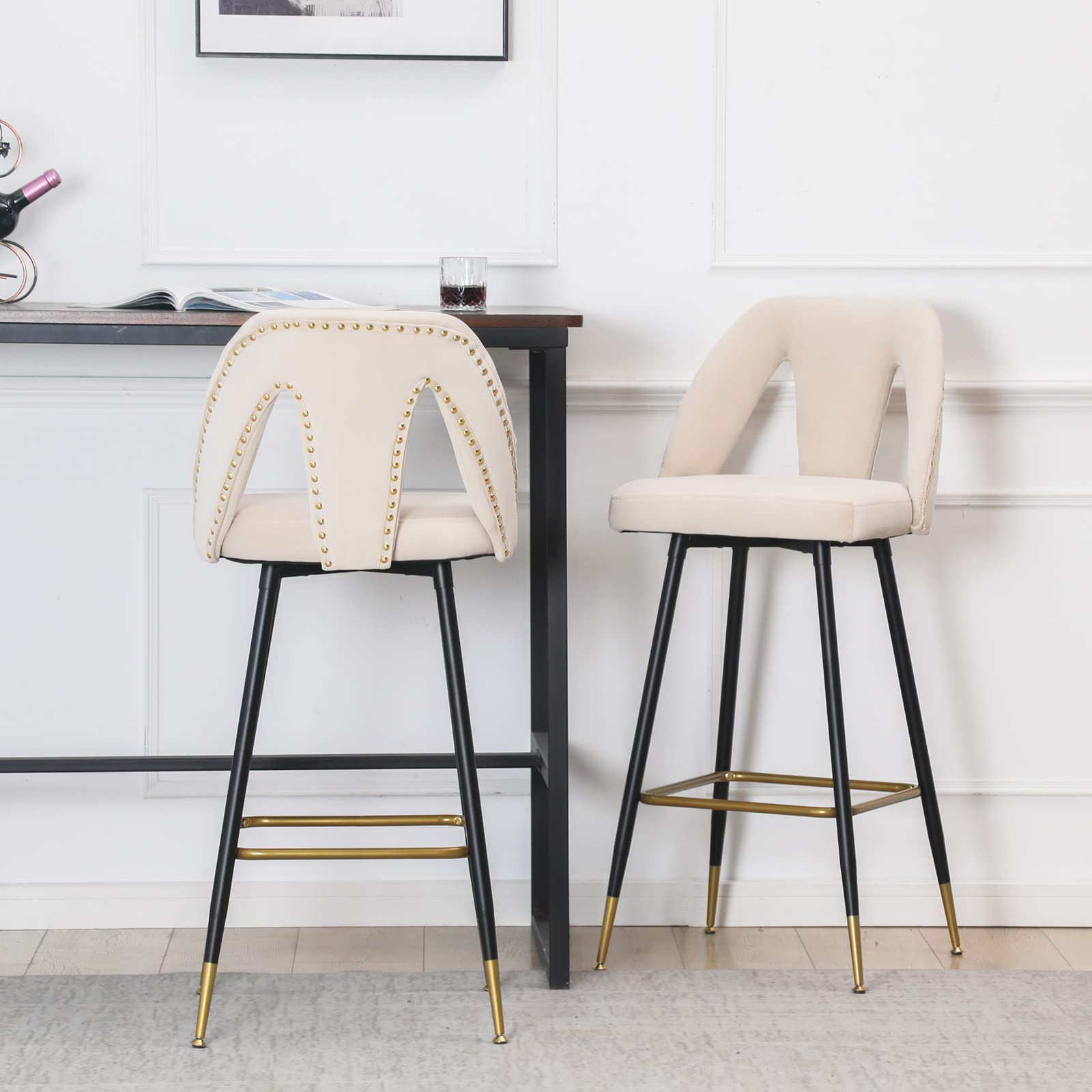 Premium Velvet Bar Stools Set of 2 - Modern Upholstered Counter Height Stools with Footrest, Nailhead Trim & Gold-Tipped Black Metal Legs - Perfect for Kitchen Island, Home Bar & Breakfast Nook (Beige)