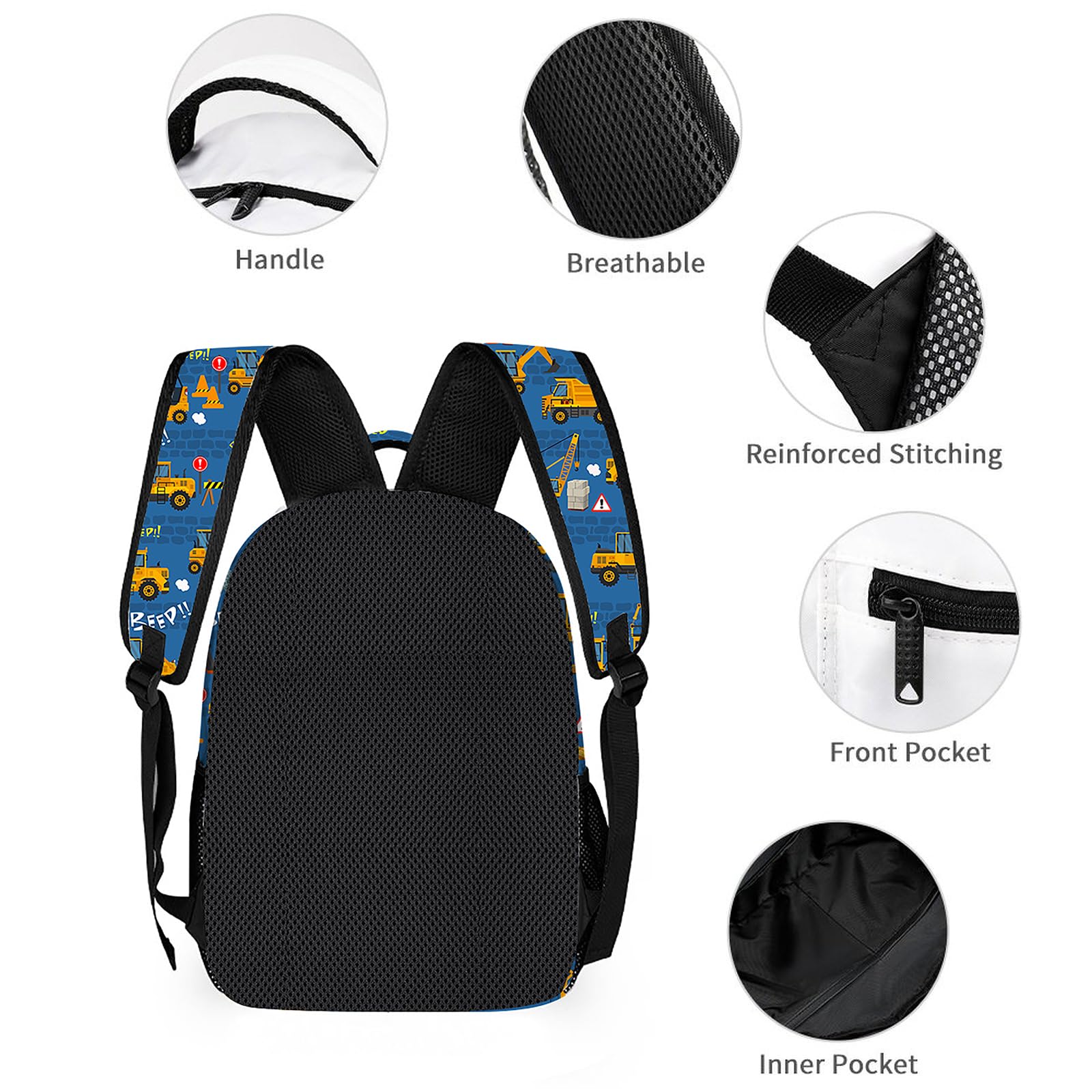 3pcs Cartoon Excavator Backpack Set - Water Resistant 17 Inch Laptop Backpack with Lunch Bag, Large Capacity Multi-Functional Travel Daypack for Kids & Students - Perfect for School, Camping and Outdoor Adventures