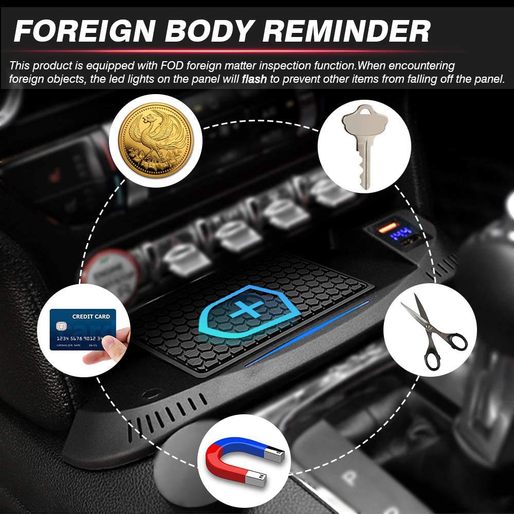 Fast Wireless Car Charger for Ford Mustang 2015-2020 - 15W Qi Charging Pad with QC3.0 USB Port - Perfect for iPhone & Galaxy Phones on Road Trips