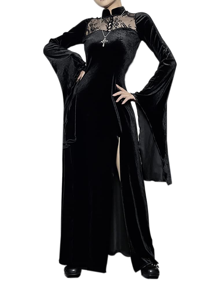 LANSHULAN Long Flare Sleeve Vintage Lace Cutout Black Split Goth Dress for Women | Elegant Evening Party, Date Night & Gothic Fashion Outfit