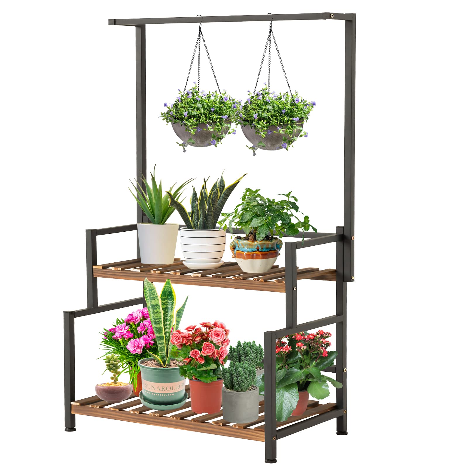 2-Tier Hanging Plant Stand for Indoor & Outdoor Use - Wood & Metal Plant Shelf with Bar for Multiple Plants - Perfect for Garden, Balcony, Patio, Bedroom & Office Decor