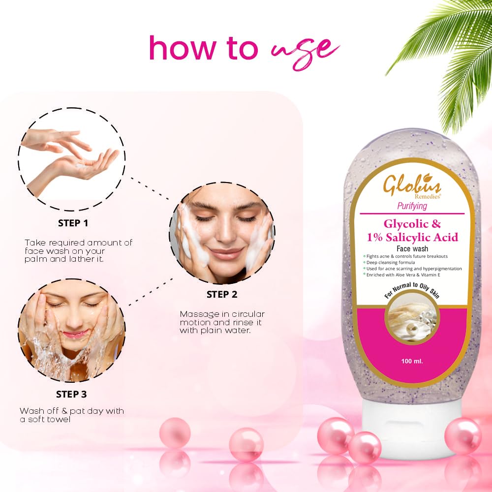 Globus Remedies Glycolic & 1% Salicylic Acid Acne Control Face Wash - 100ml | Exfoliating Cleanser for Clear Skin | Perfect for Daily Acne Treatment & Oil Control